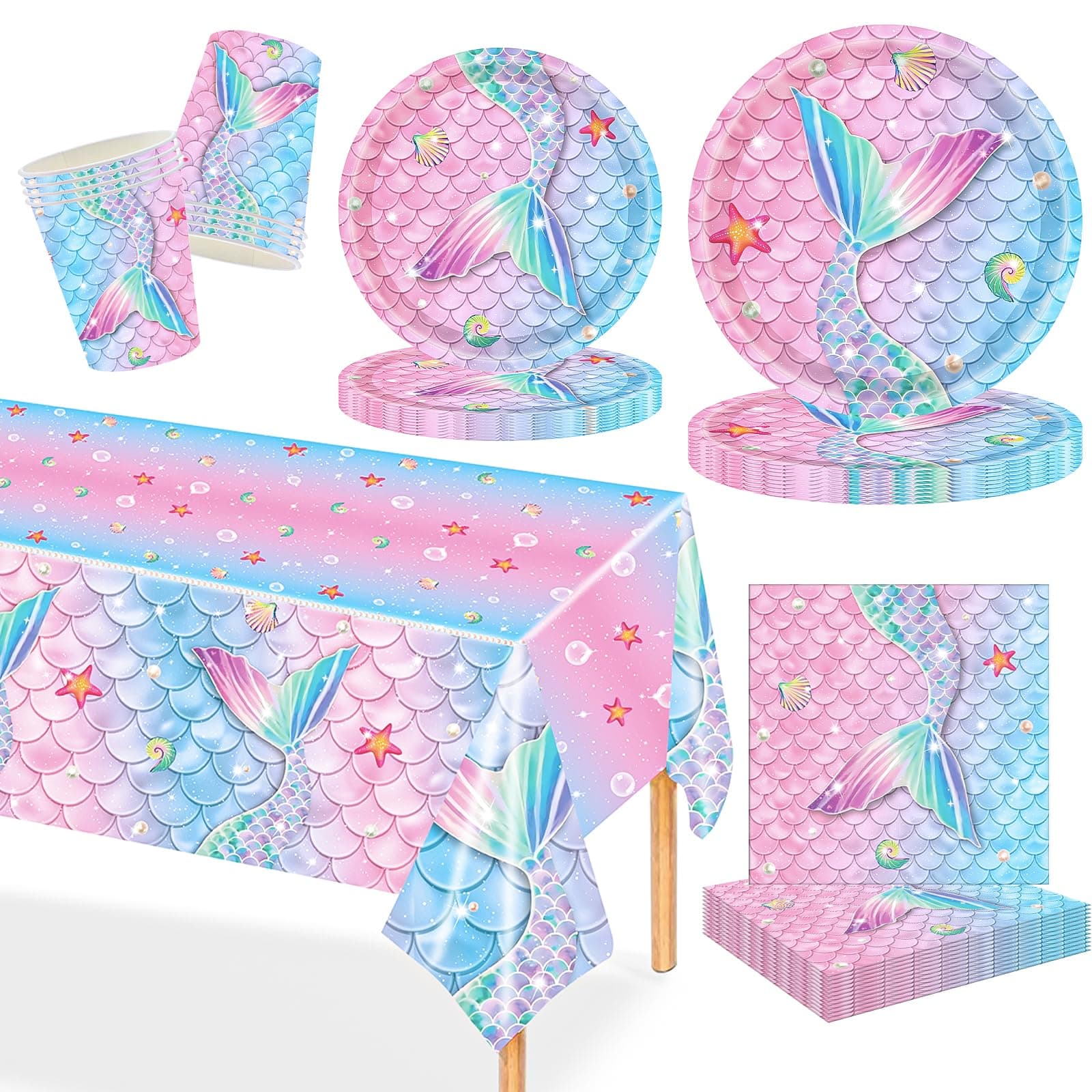 97Pcs Mermaid Party Tableware Set, Little Mermaid Ariel Themed Dinnerware, 24 Guests (24 x 9” Plates, 7” Cups, Napkins)