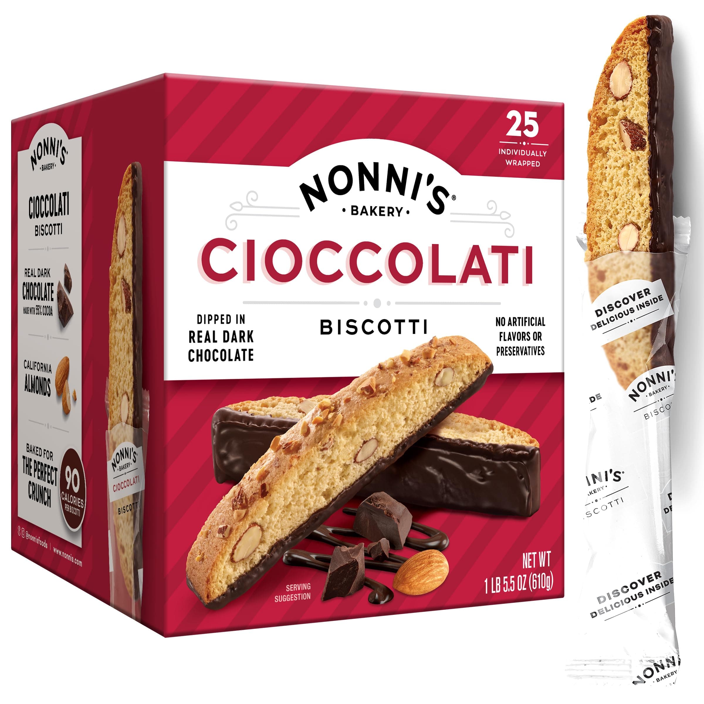 Cioccolati Dark Chocolate Almond Biscotti Cookies – Individually Wrapped Italian Coffee Snack, Crunchy Twice-Baked, 21.5 oz Carton