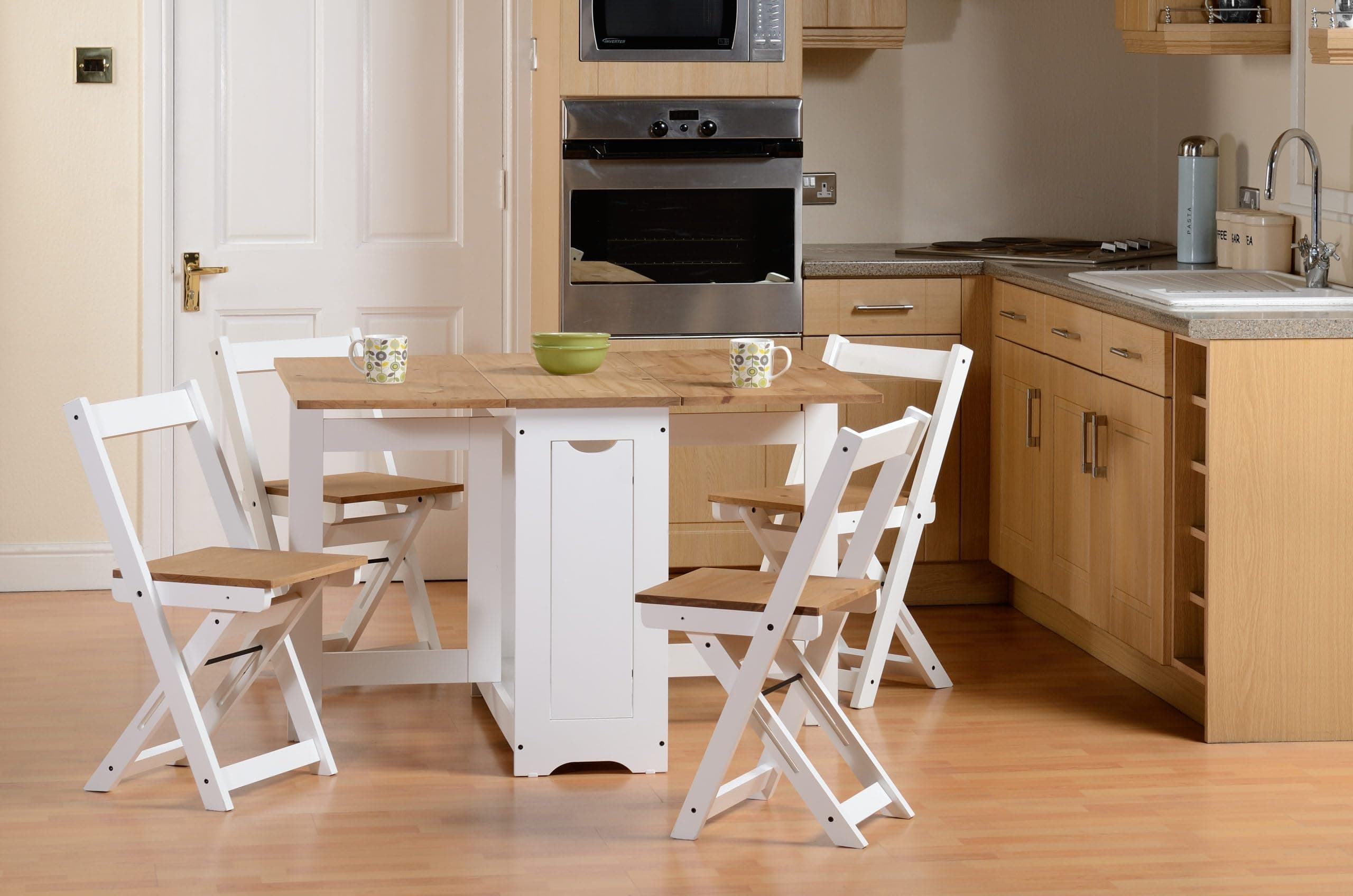 Drop Leaf Butterfly Dining Table with 4 Stowaway Foldaway Chairs Small Space Saving Breakfast Pine Top Seat Folding Away Fold Out Kitchen Stools Seater Farmhouse Butterfly Set (PINE & WHITE)