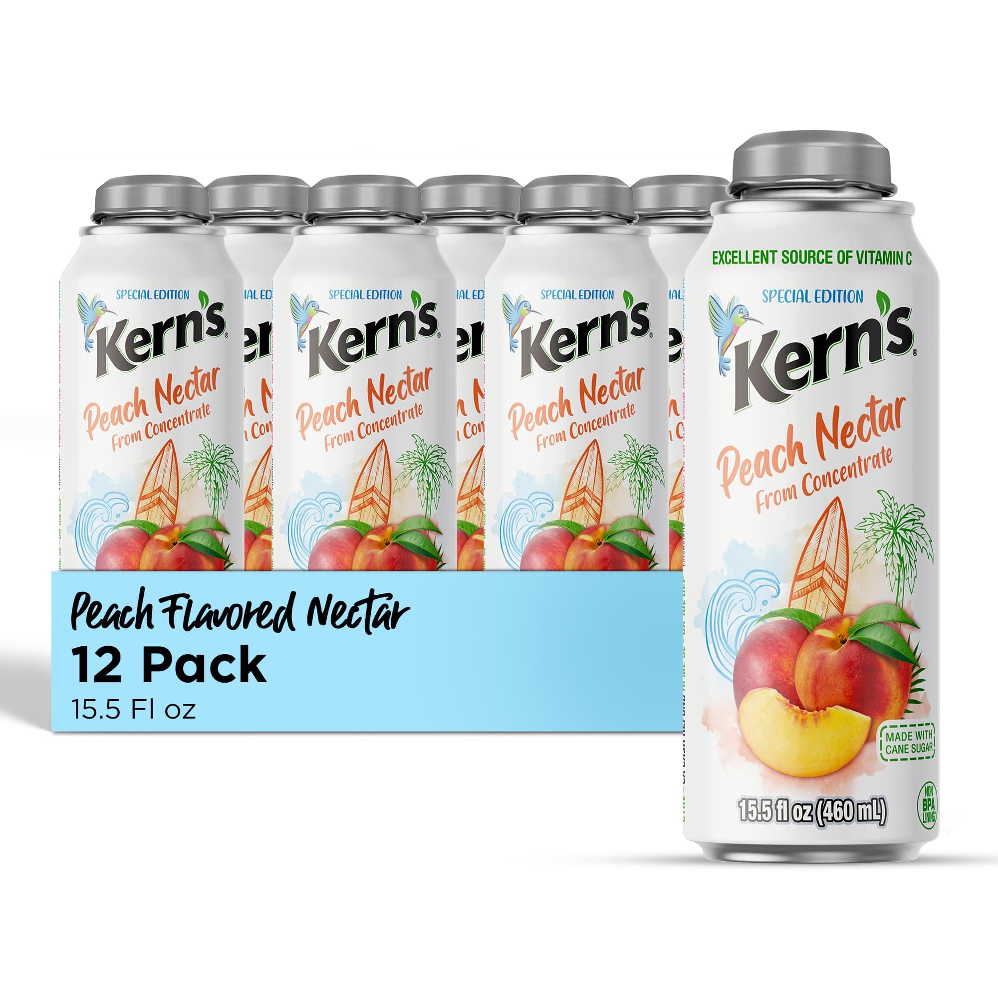 Kern’s Peach Nectar Lata Botella - Made with Fresh Fruit Puree & Peach Juice Concentrate for Fruit Smoothie Mix, Cocktail Mixers & Kids Beverages - 15.5oz, 12 Pack Resealable Juice Bottles