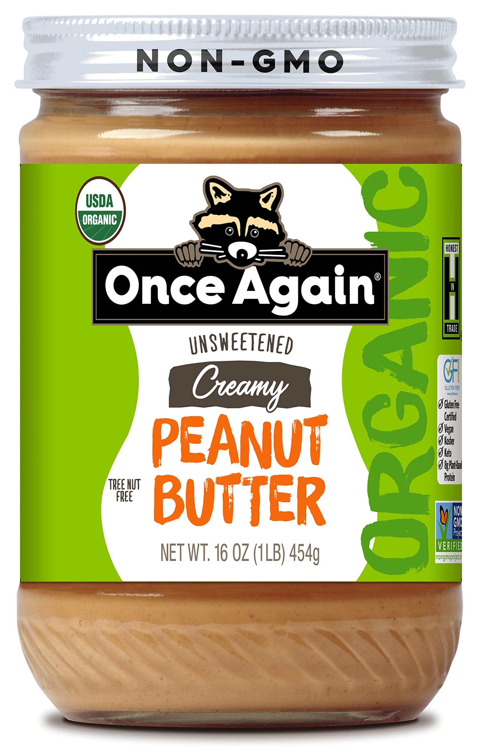 Once Again Organic Creamy Peanut Butter, Lightly Salted - No Sugar Added Natural Peanut Butter, No Palm Oil - Glass Jar, Non-GMO, Gluten Free - Smooth and Unsweetened - 1 Jar (16 oz)