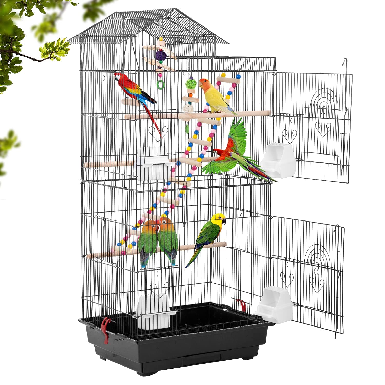 BestPet 39 inch Roof Top Large Flight Parrot Bird Cage Accessories Medium Roof Top Large Flight Cage Parakeet Cage for Small Cockatiel Canary Parakeet Sun Parakeet Pet Toy (Black)