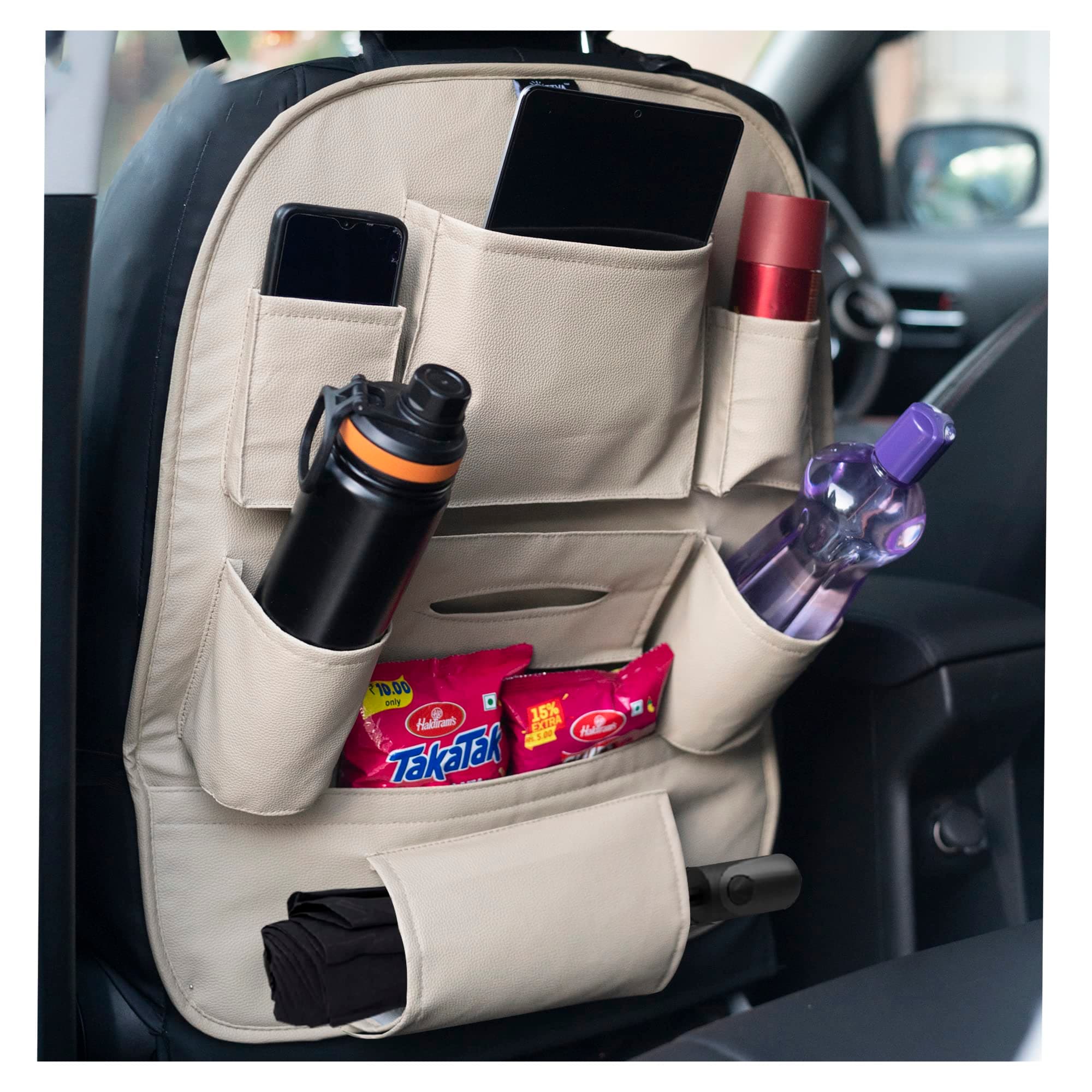 HOOPY PU Leather Auto Car Seat Back Organizer, Multipocket Storage Tablet, Bottle and Tissue Paper Holder_Beige
