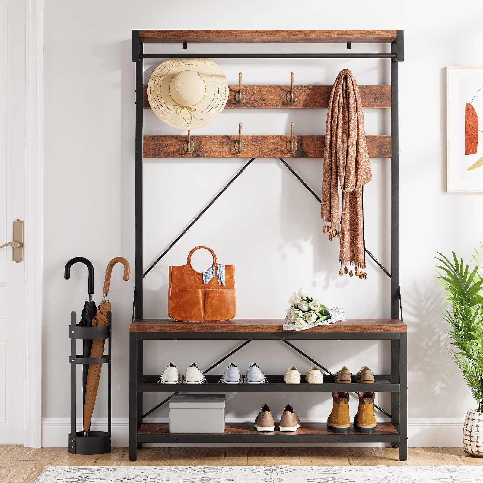 Amyove Large Coat Rack Shoe Bench Hall Tree Shoe Rack for Entryway 3-Tier Storage Shelf and Hooks Removable Industrial Accent Furniture Metal Frame 39.9"x15.7"x72"