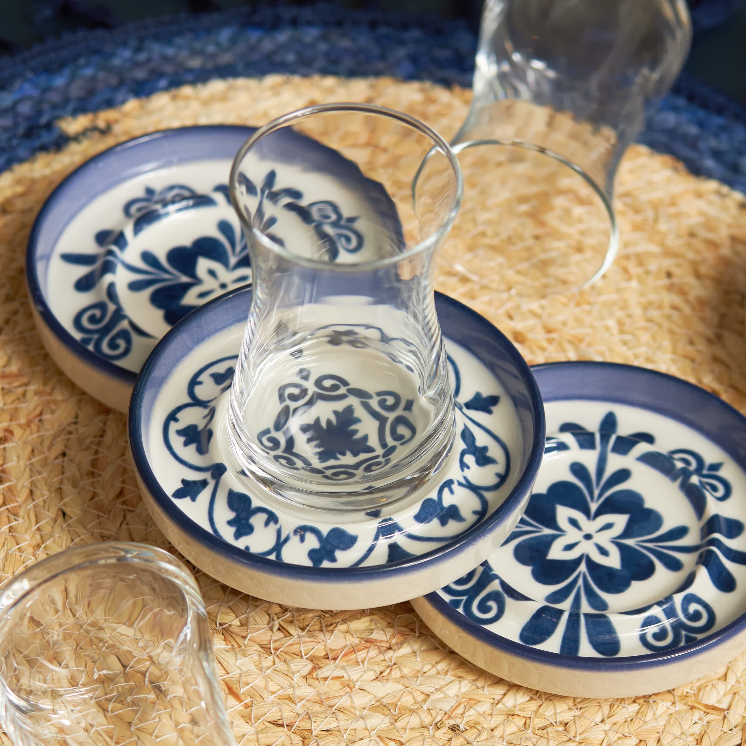 Zeher Blue Tea Service Set for 6 People, 6 x 160ml Glasses, 6 x 10.5cm Saucers, Stoneware, Dishwasher Safe, Ethnic Pattern Design, Bohemian Style, 960ml Capacity