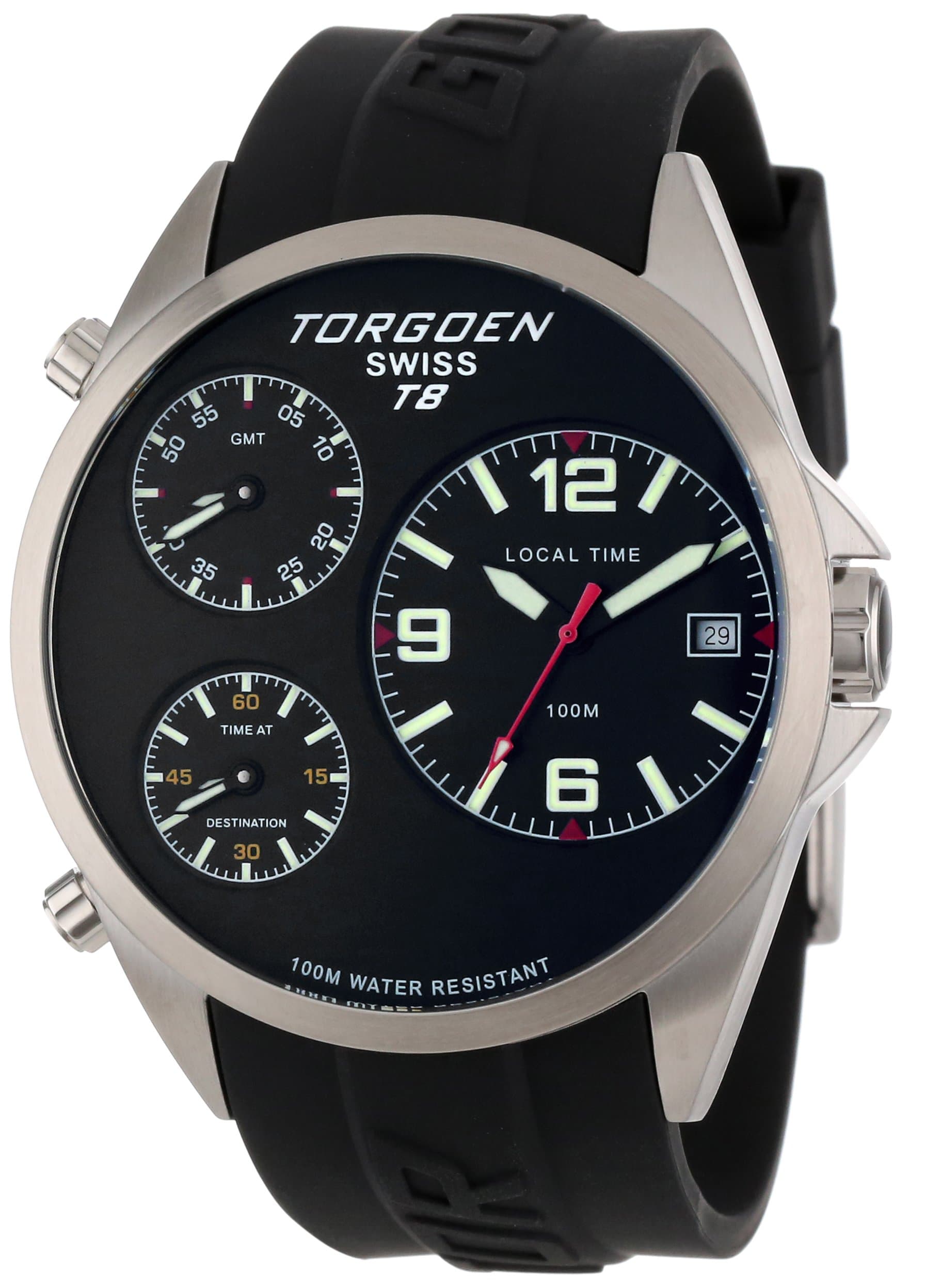 Swiss Men's T08301 Triple Time Zone Black Polyurethane Strap Watch