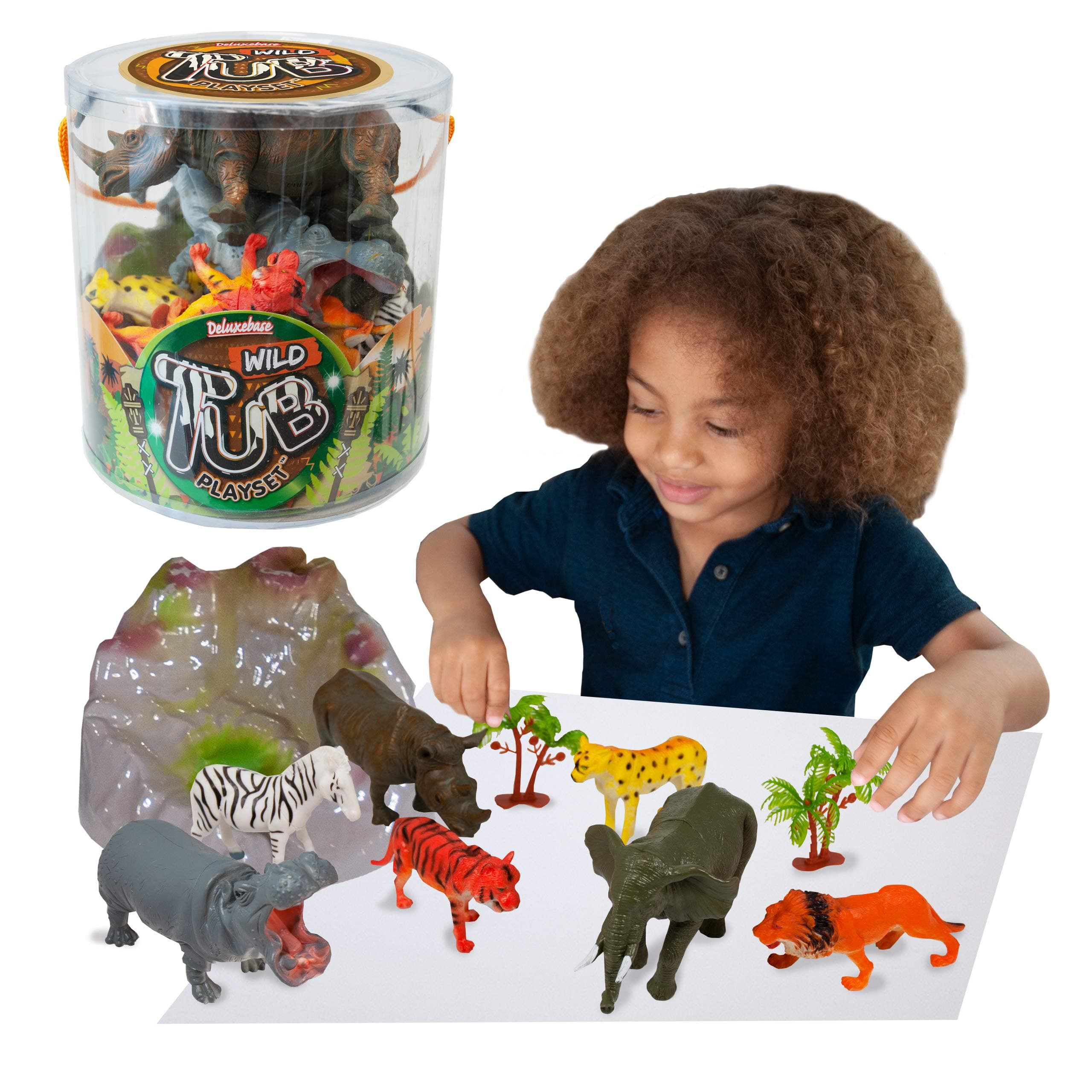 Wild Animal from Deluxebase. 12 Piece Educational Animal Toy Playset for Kids. Reusable Tub with Hippo, Zebra, Tiger, Rhino, Hyena, Lion, Elephant and Jungle Accessories