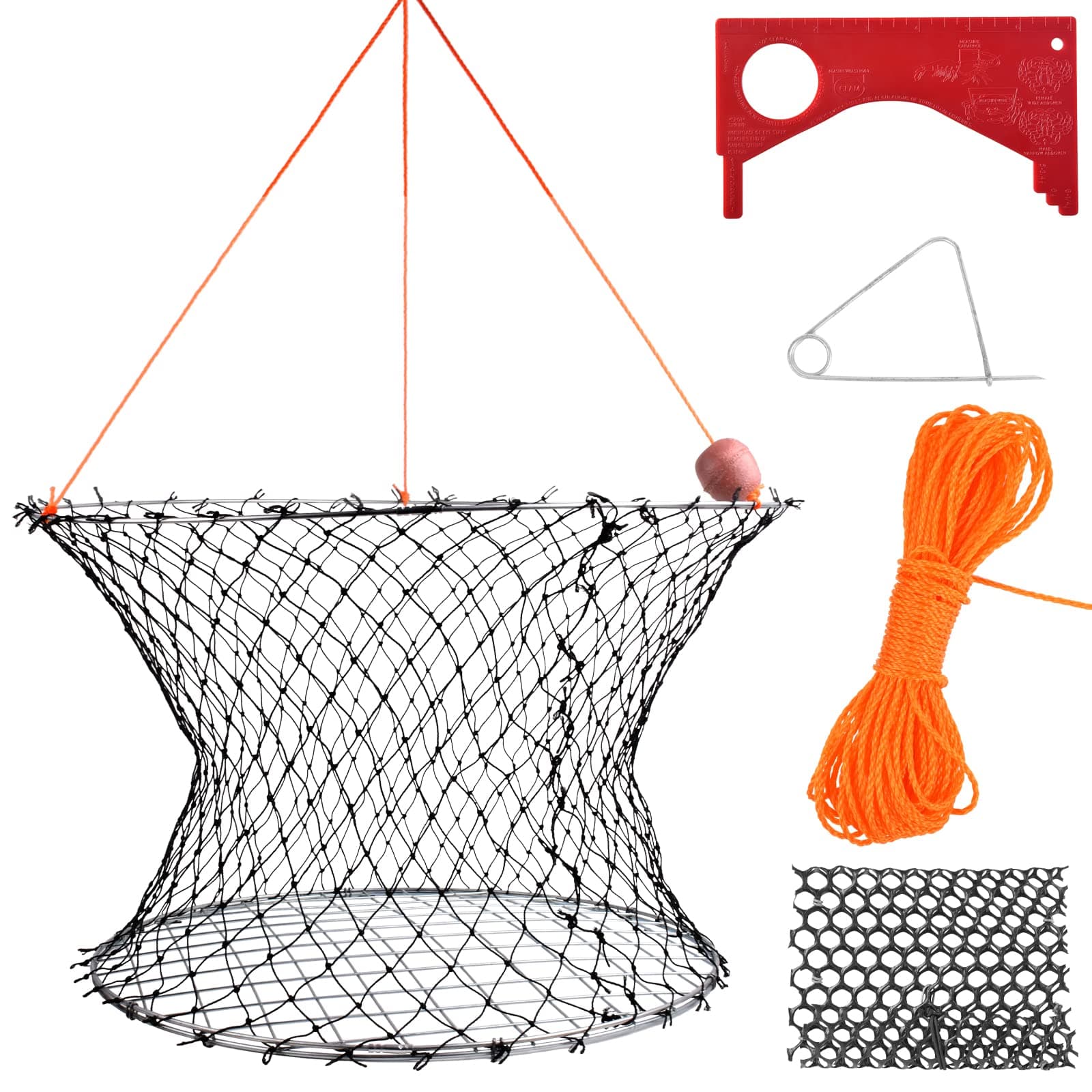 Double Ring Crab Trap - Steel Ring Crab Net, 24" Top, 20" Bottom, 50' Rope, Bait Bag, Clip, Gauge for Dungeness, Rock and Blue Crab