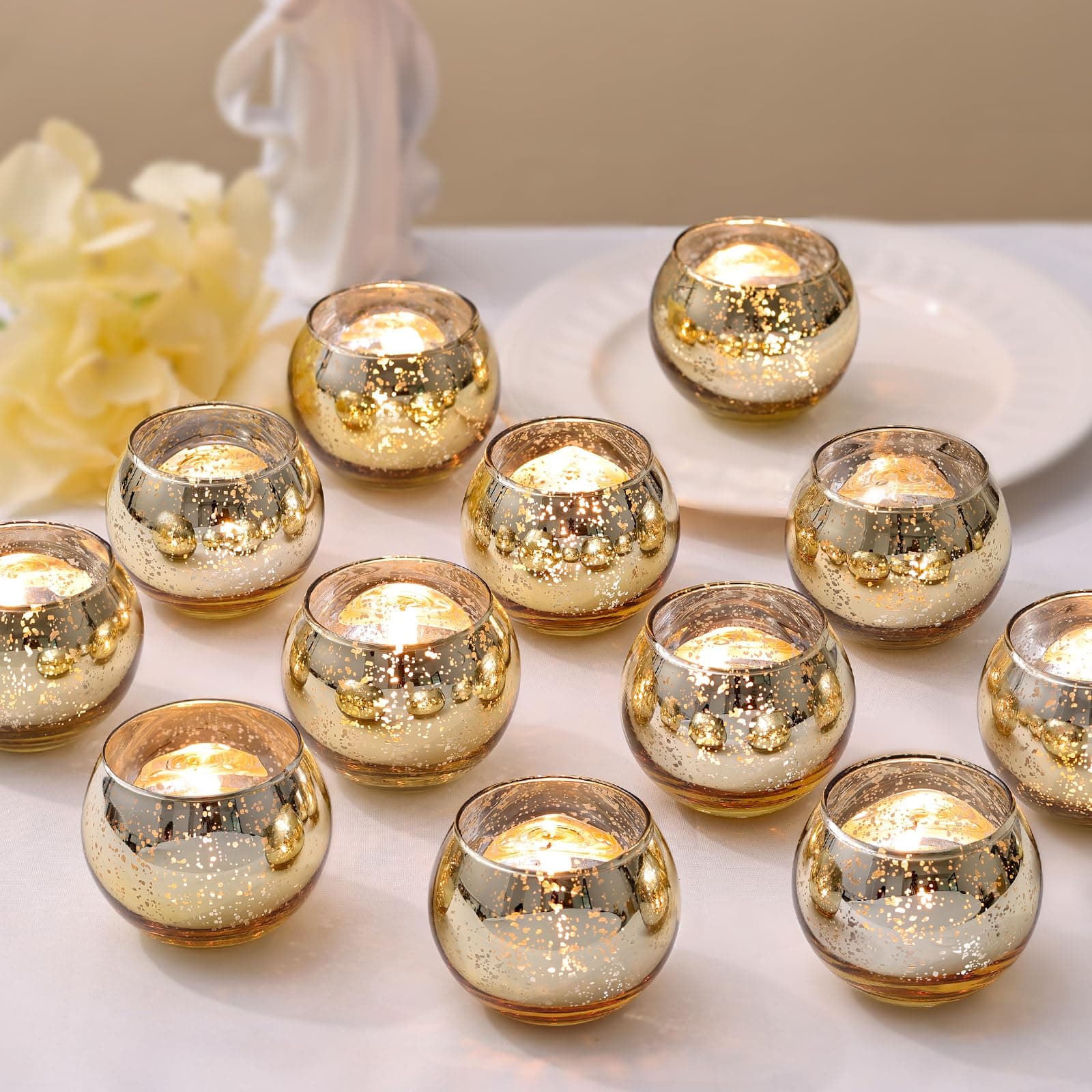 LETINE Gold Mercury Glass Votive Candle Holders - Set of 36 | Elegant Gold Tealight Candle Holders for Table Centerpieces,Spring Summer Weddings, Rehearsal Dinners, Valentine's Day Decorations