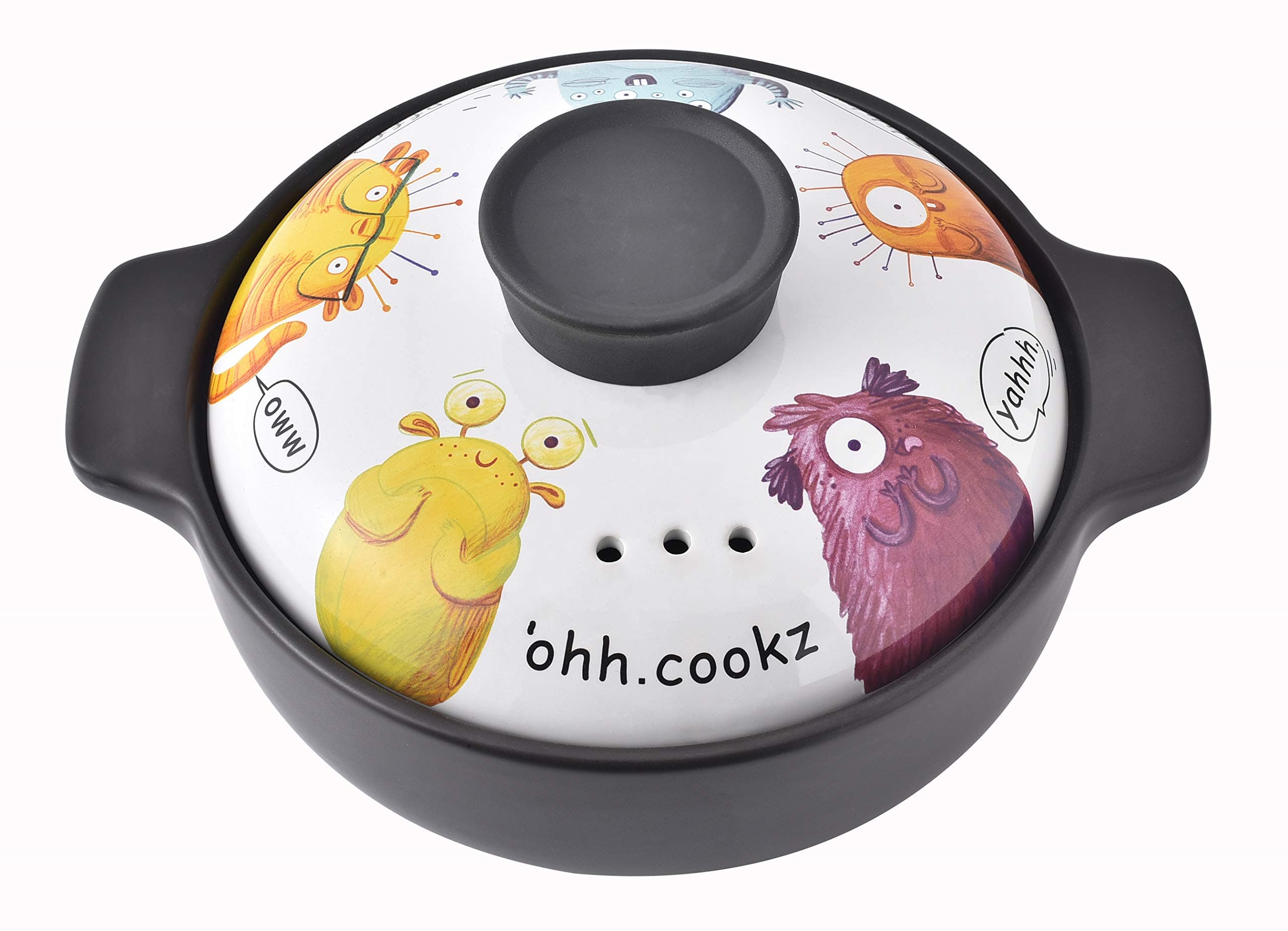 Lotus Blue 6.4-Quart Cartoon Pattern Ceramic Round Black Dish Casserole/Clay Pot/Earthen Pot/Ceramic Cookware With White Monster Lid Heat-Resistant Gift Box