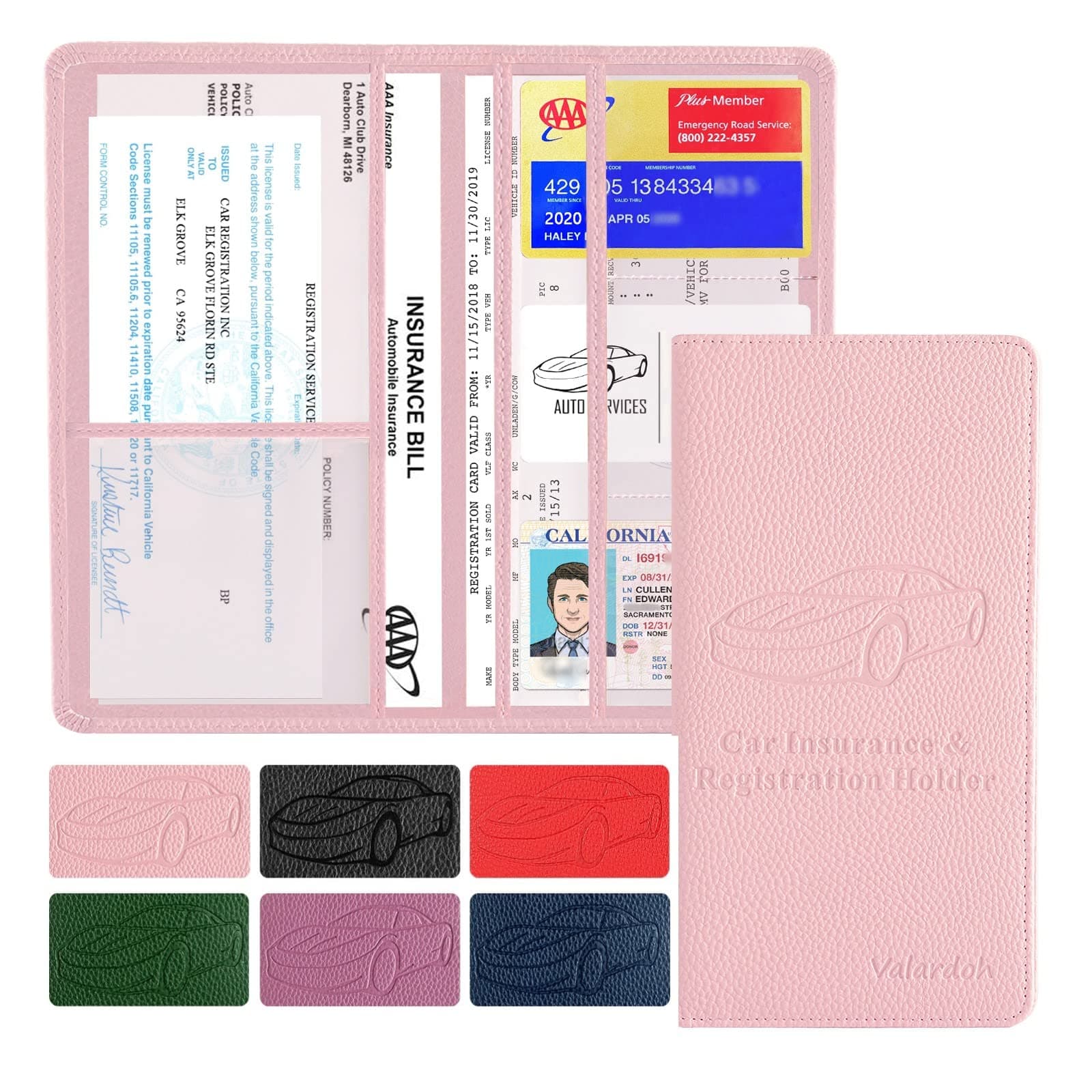 Premium Car Registration and Insurance Card Holder, Car Document Holder for Cards, Driver License & Other Essential Documents (Black), Pink, Modern