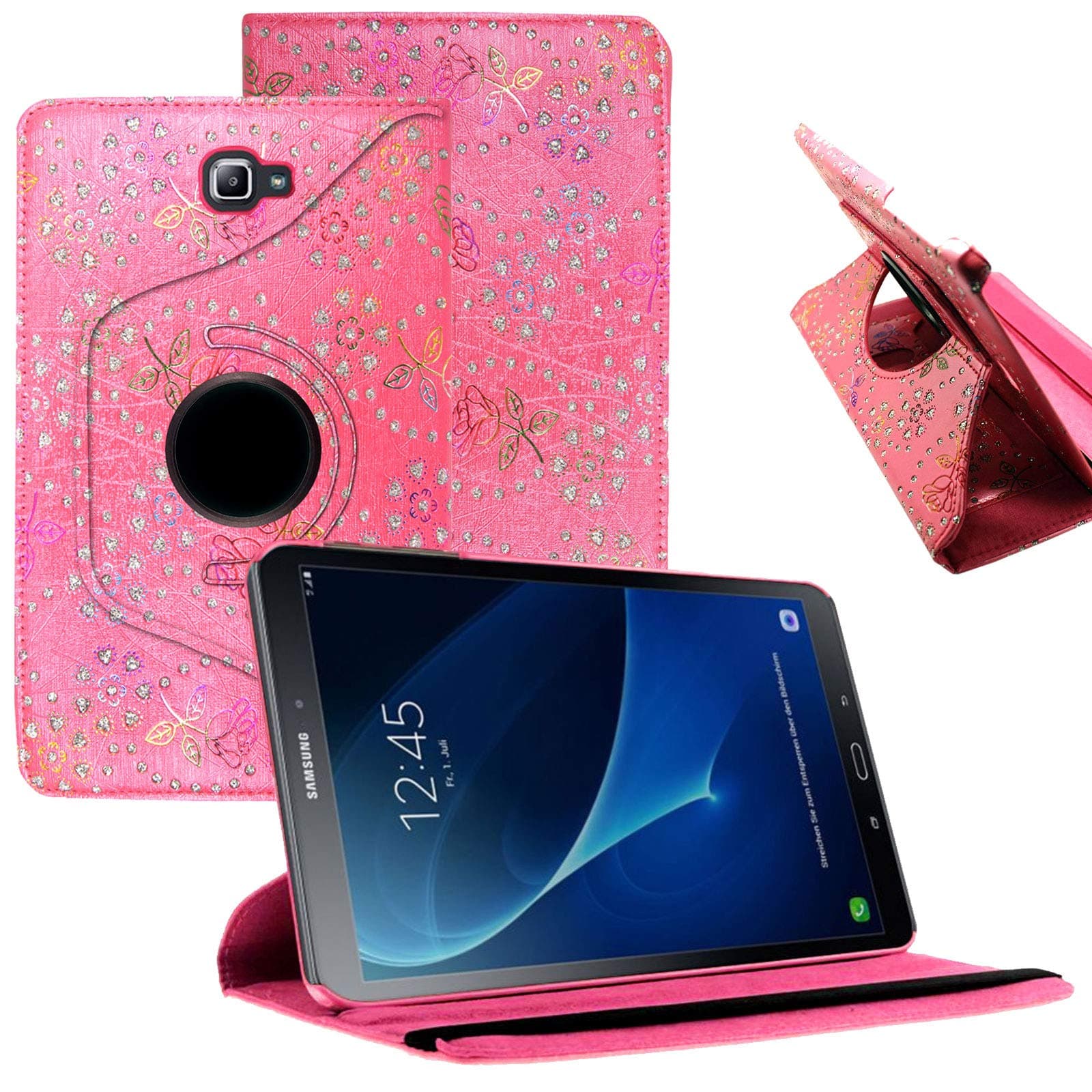 For Samsung Tab A 10.1 T580 Case, Premium Leather Folio Flip Multiple Viewing Angle Smart Stand Case Cover for Samsung Galaxy Tab A 10.1 Inch Tablet SM-T580 T585 (Rose On Pink Diamond)