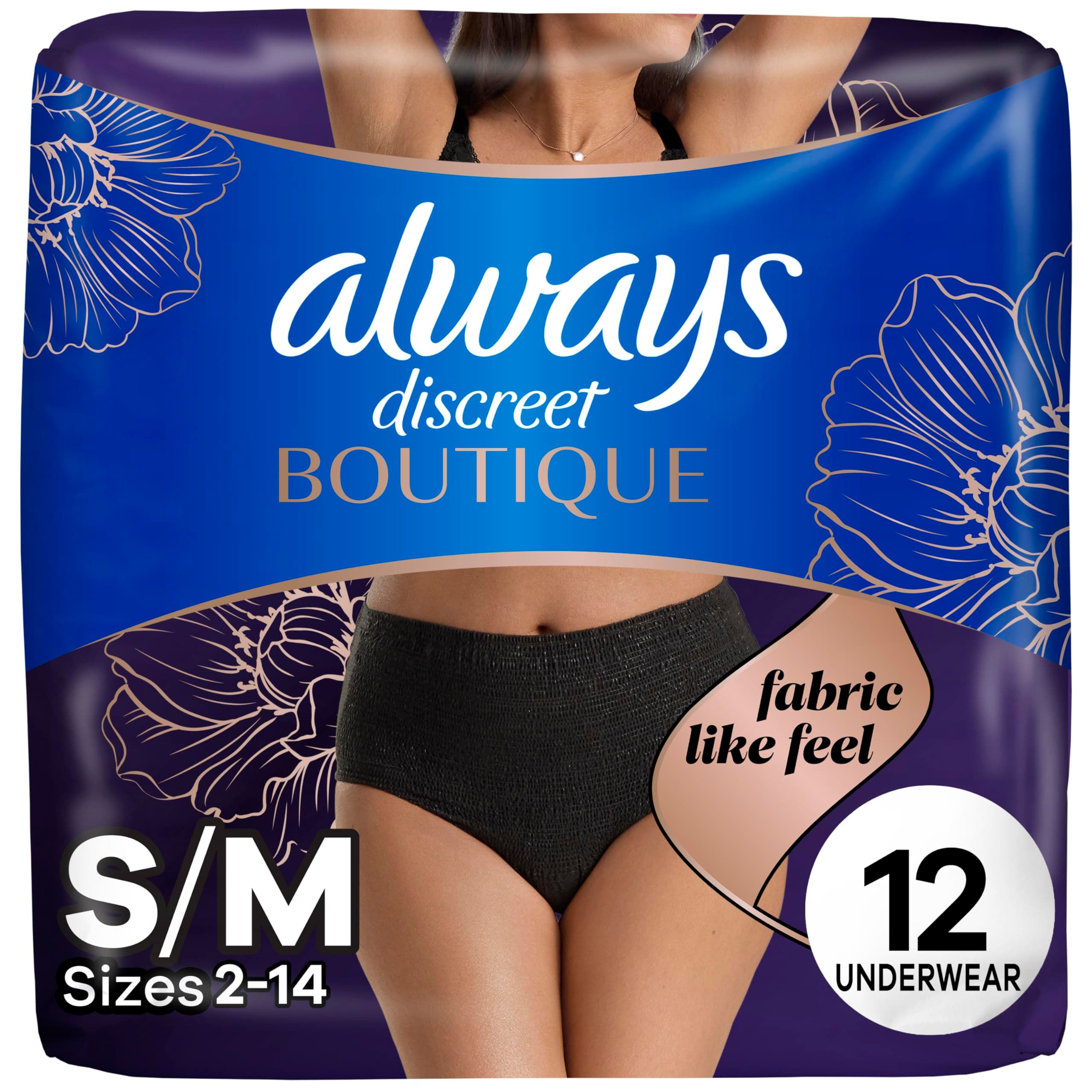 Always Discreet Boutique Low-Rise Postpartum Incontinence Underwear Size S/M Maximum Absorbency, Up to 100% Leak Protection, Black, 12 Count (Pack of 1)