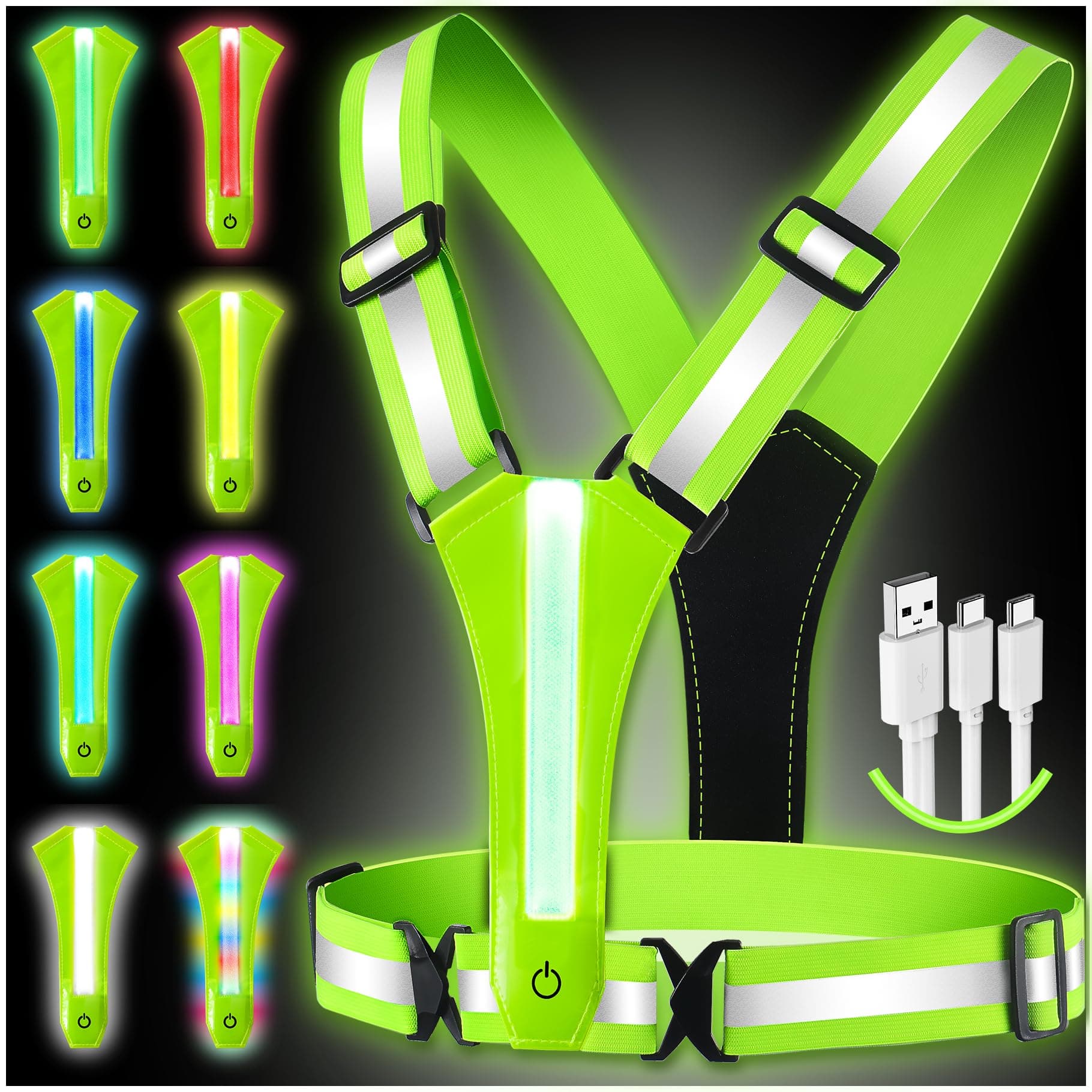 LED Reflective Vest Running Gear, 8 Lights Colors Illuminated, USB-C Rechargeable, Hi Vis Safety Vest with Adjustable Waist/Shoulder, Light Up Vest for Night Dog Walking Cycling