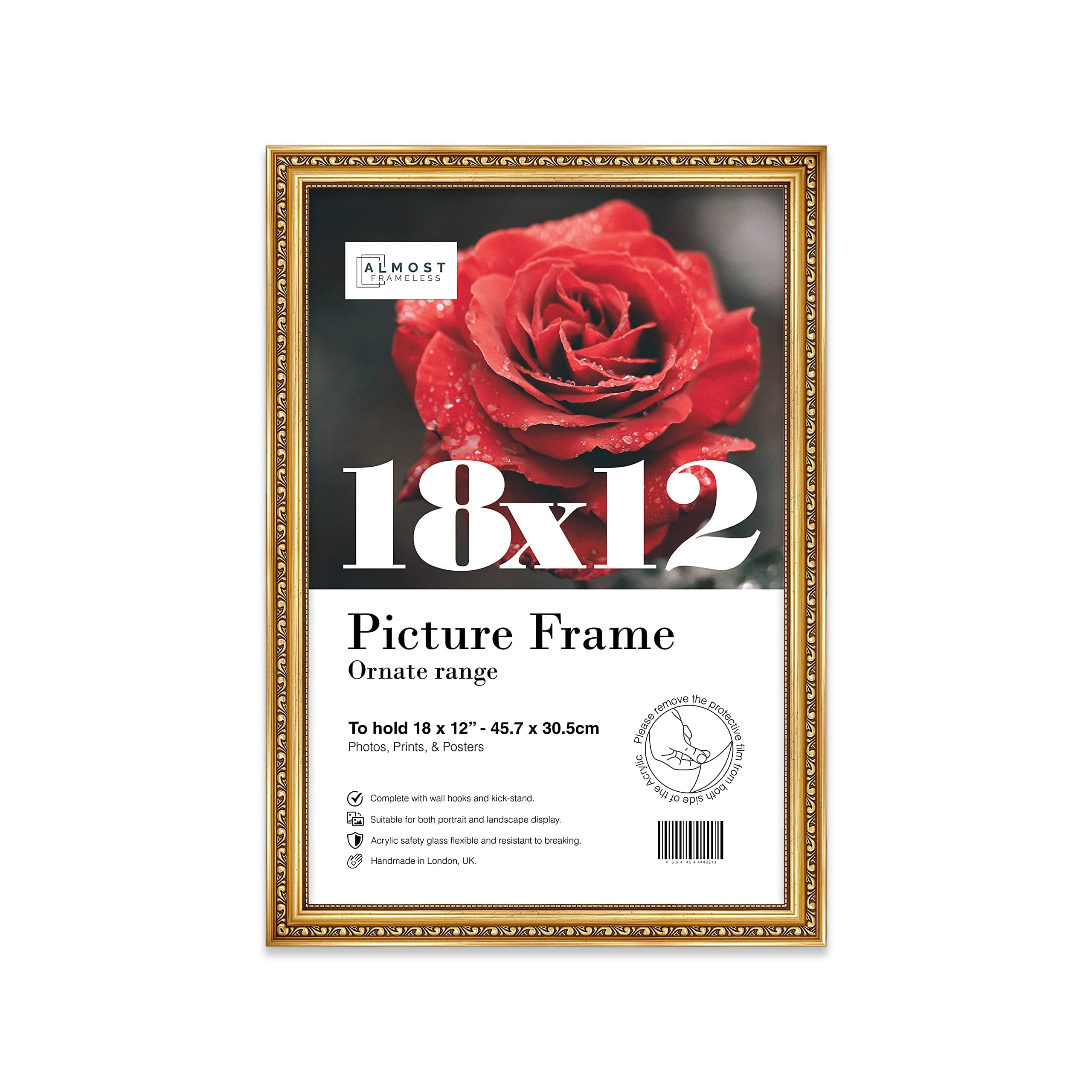 18x12 Gold Ornate Picture Frame 18"x12"(45.7x30.5cm) Poster, Photo, Artwork, or Print. Baroque Style Portrait and Landscape Display with Wall Hooks