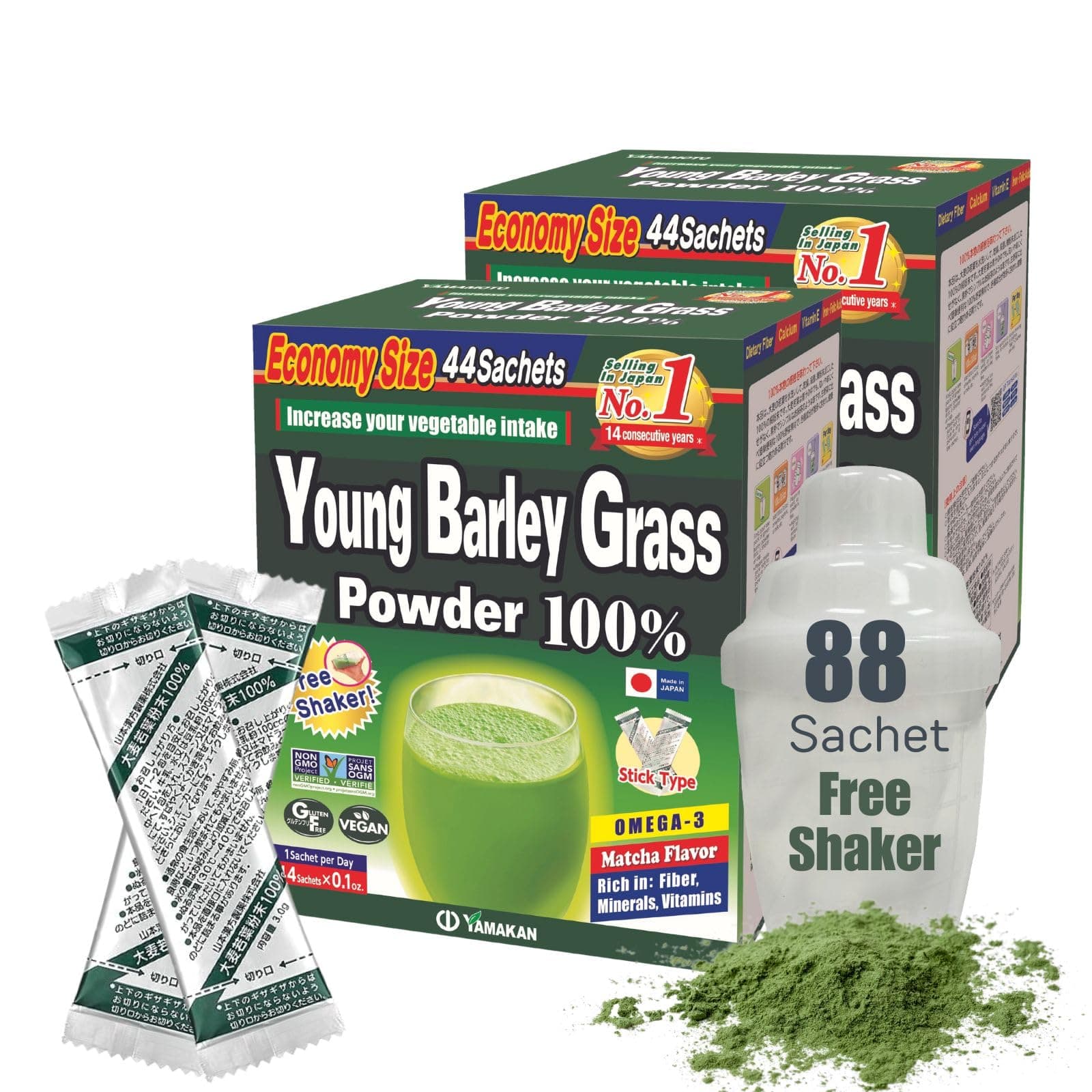 Yamamoto Kanpoh YAMAKAN Young Barley Grass Powder, Pure Green Juice Rich in Minerals, Vitamins & Plant-Based Protein for Women & Men, Barley Grass Juice Powder, from Japan, Non GMO 88 Count