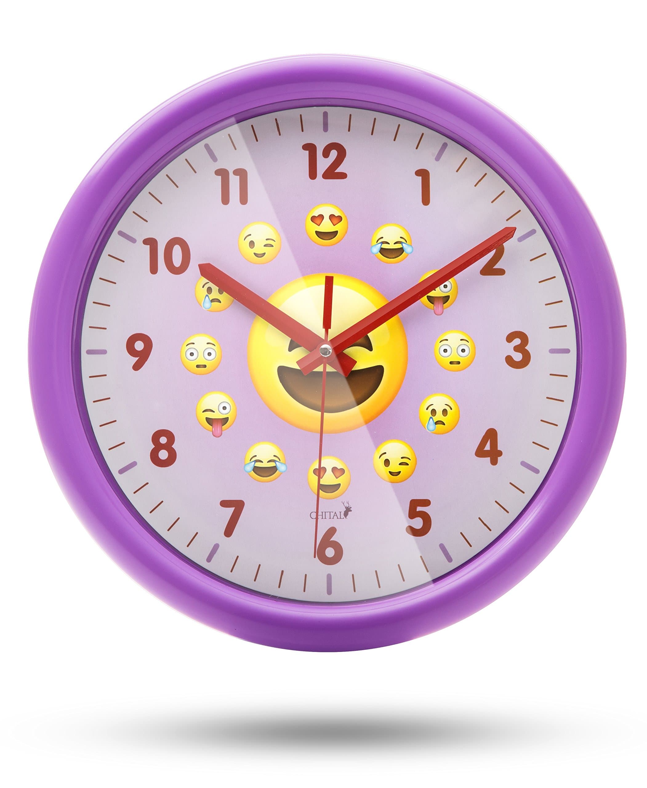 Emoji Wall Clock - Adorable Wall Clock for Kids - Large 11.5-Inch Wall Clock for Girls & Boys - Kids’ Wall Clock with Cute Emojis - Easy to Read Large Numbers, Glass Covering - Purple