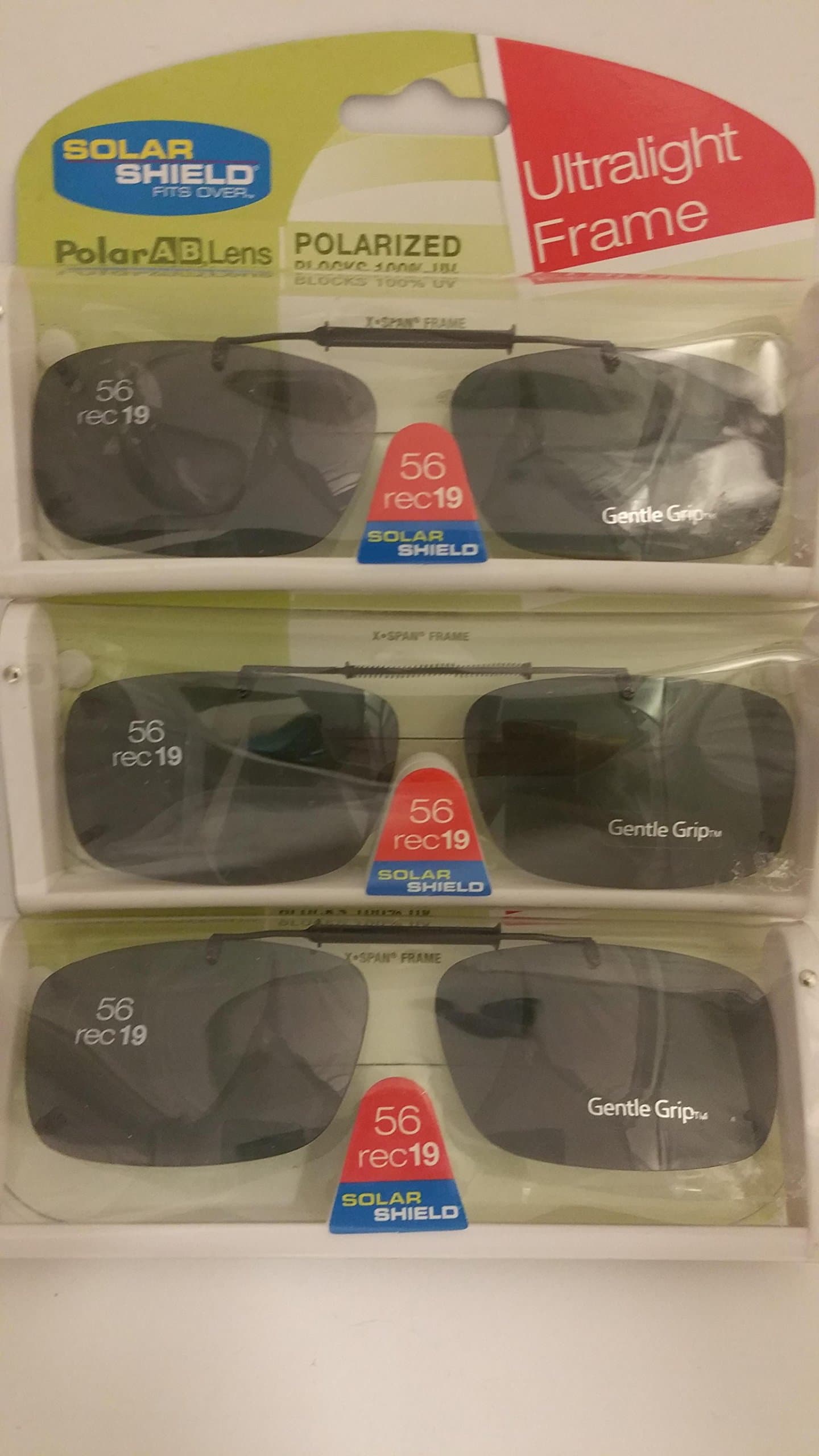 3 Pairs Solar Shield Clip on 56 Rec 19 Ultralight Sunglasses