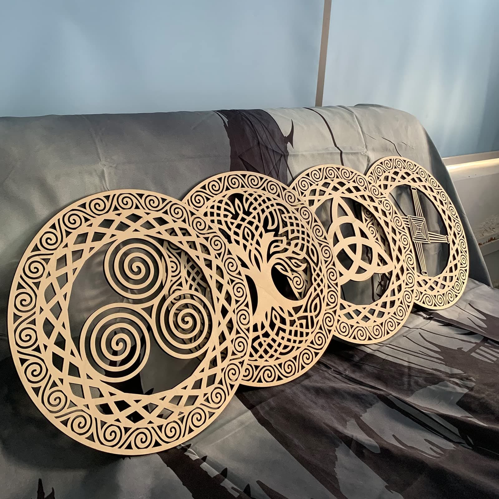 Celtic Symbol Wall Decor 12” Wooden Sacred Geometry 4Pcs Set Tree of Life Celtic Cross Trinity Knot Triple Spiral Symbol Nordic Celtic Rune Wood Sign Irish Wall Art Wood Art Paint DIY Graffiti Decor