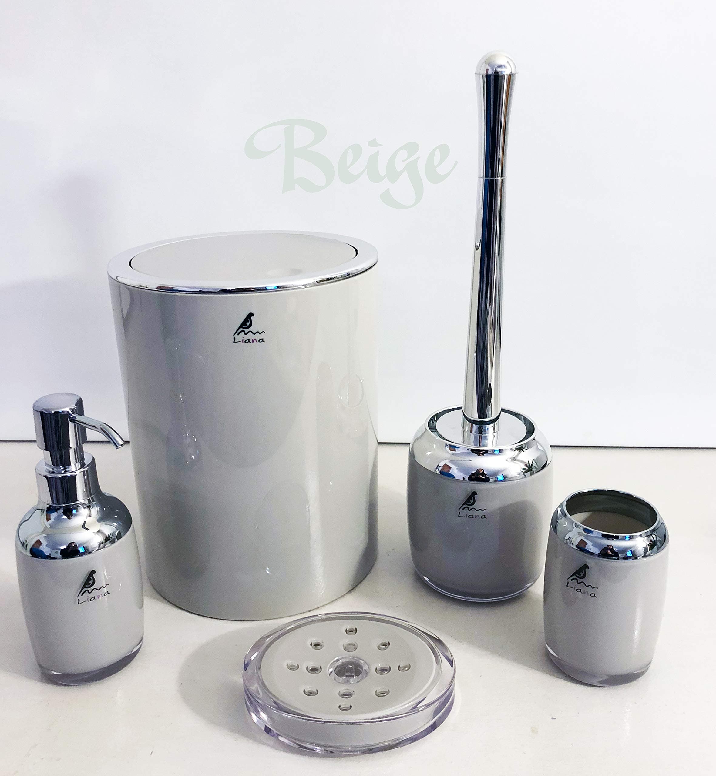 Liana 5-Piece ABS Bathroom accessories set,toothbrush Holder, Soap Dispenser, Soap Dish, Toilet Brush and Holder, Waste Bin (Beige)