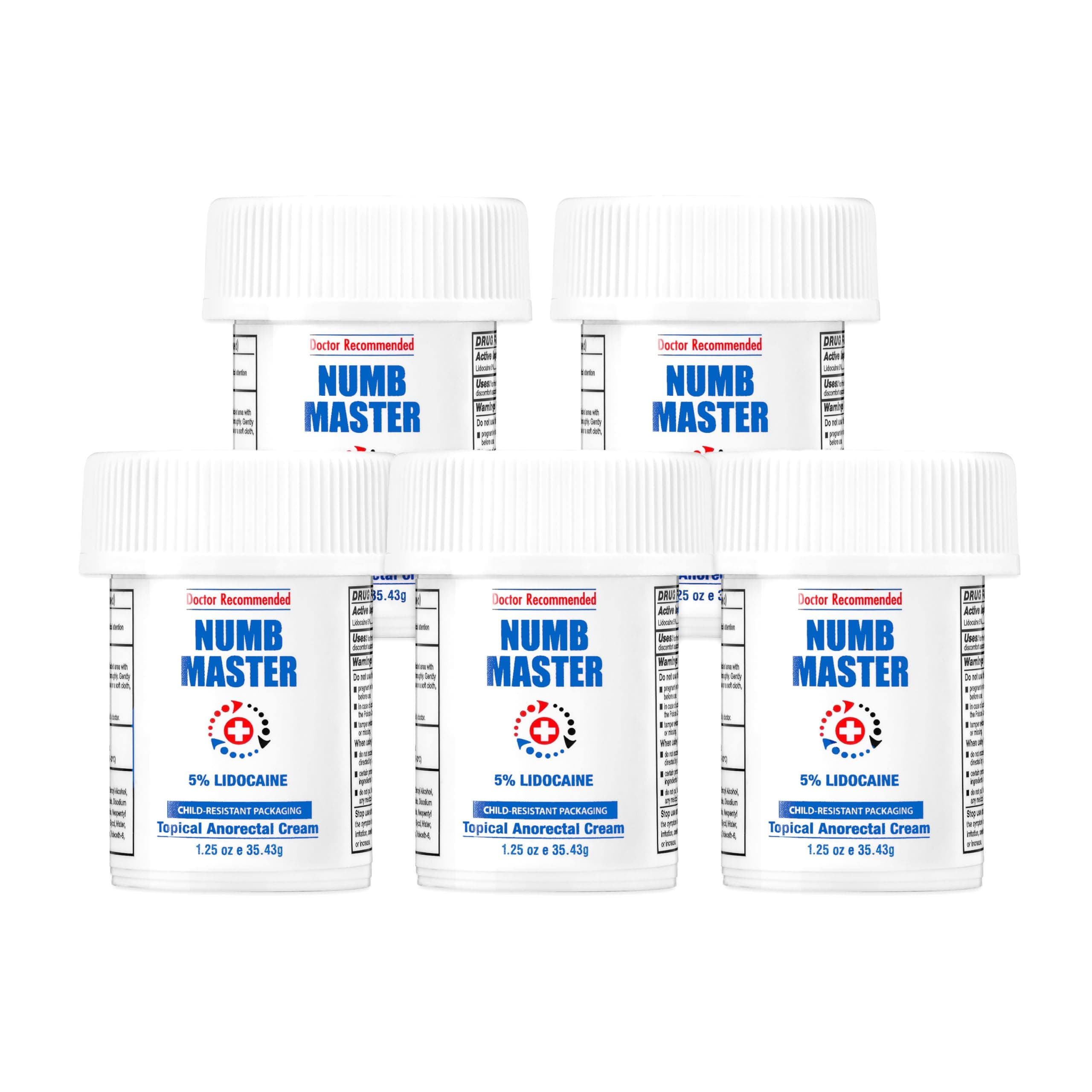 Numb Master 5 Pack 5% Lidocaine Topical Numbing Cream, Maximum Strength Long-Lasting Pain Relief, Fast Acting Topical Anesthetic Cream with Aloe Vera, Vitamin E, Lecithin with Child Resistant Cap