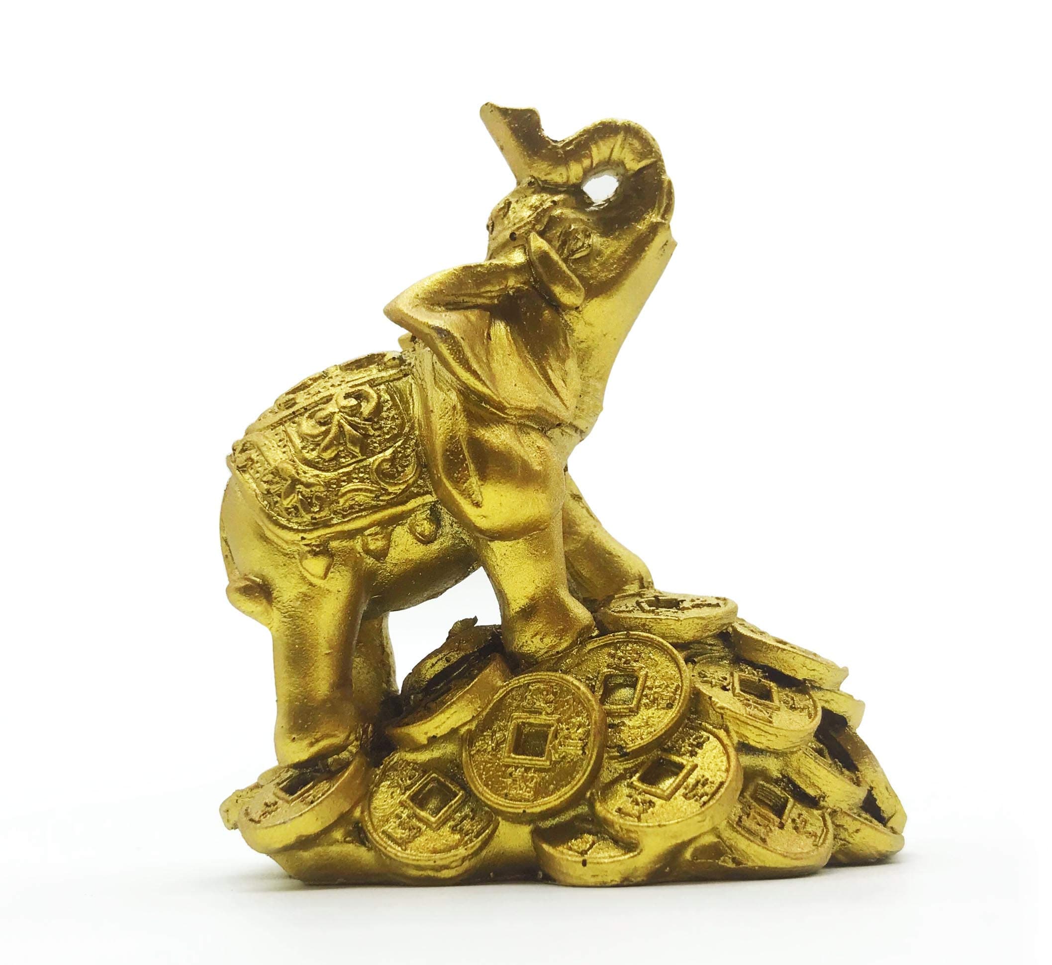 Good Feng Shui 3.5" Golden Elephant on Golden Money Coins Statue Wealth Lucky Figurine Gift & Home Decor