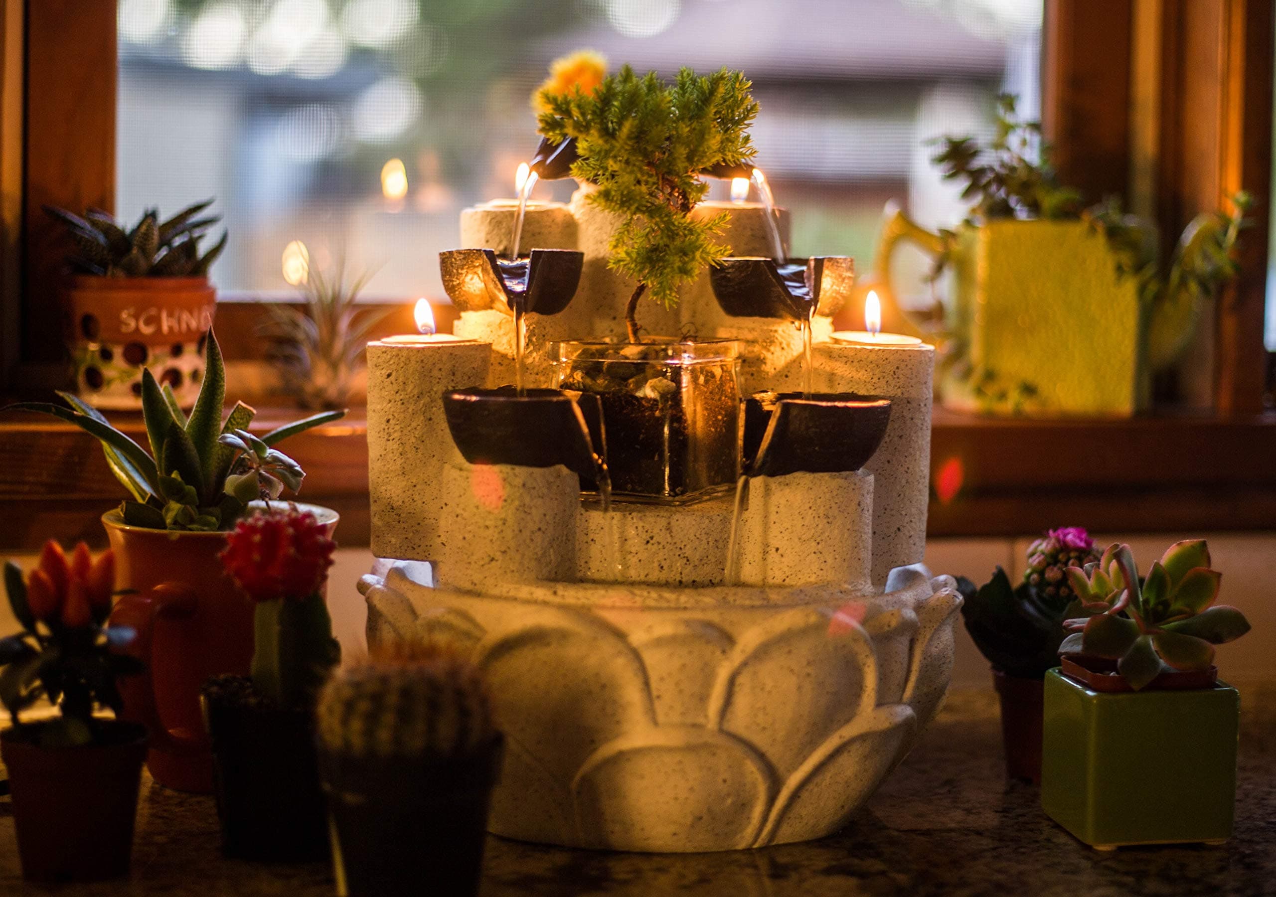 Zen Falls Tabletop Waterfall Multi Tier Plant Succulent Candle Fountain | Handmade | Includes 4 Candles, Glass Container, Water Pump