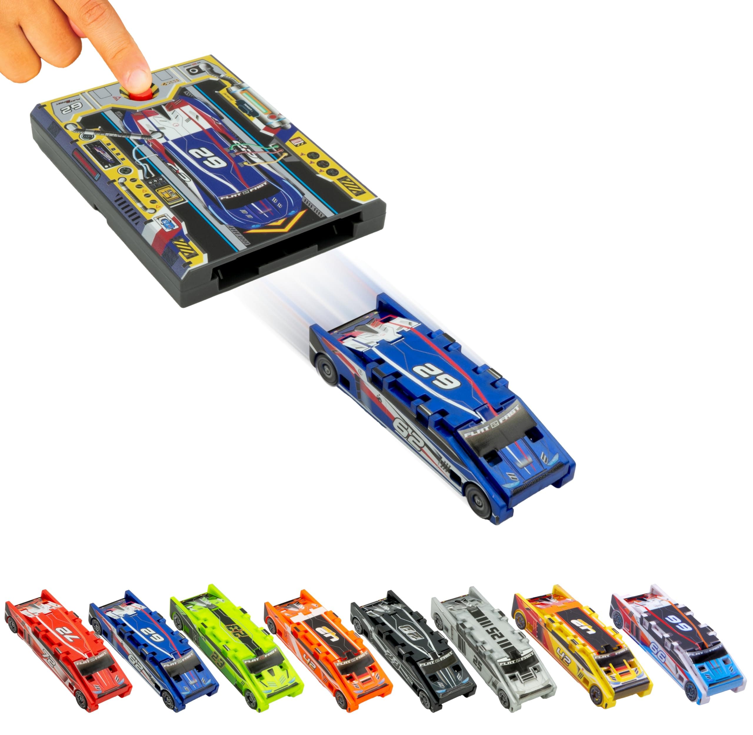 Original Stunt Card Racer – Flat Car Racer and Pocket Size Racecar Launcher with Built-in Button for Stunt Launching and Racing – Compact – Blue
