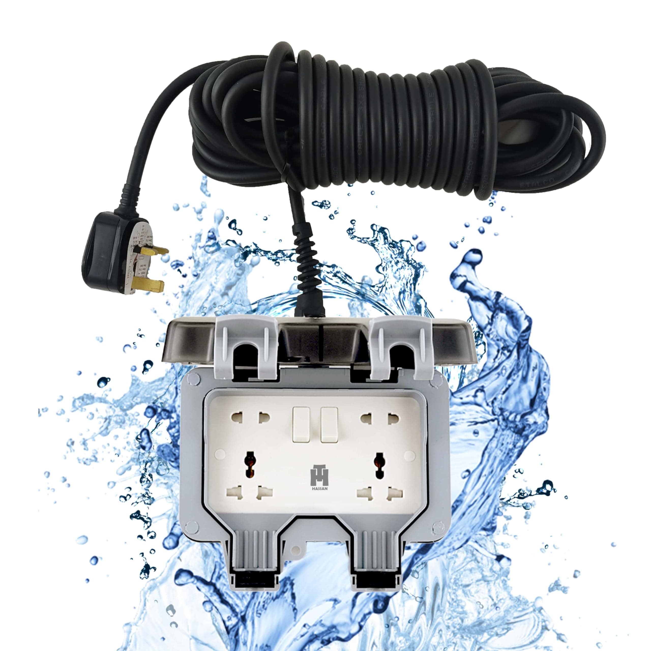 Hassan waterproof extension IP66 13A 220V socket weatherproof for outdoor garden garage use heavy electrical appliance (10m)