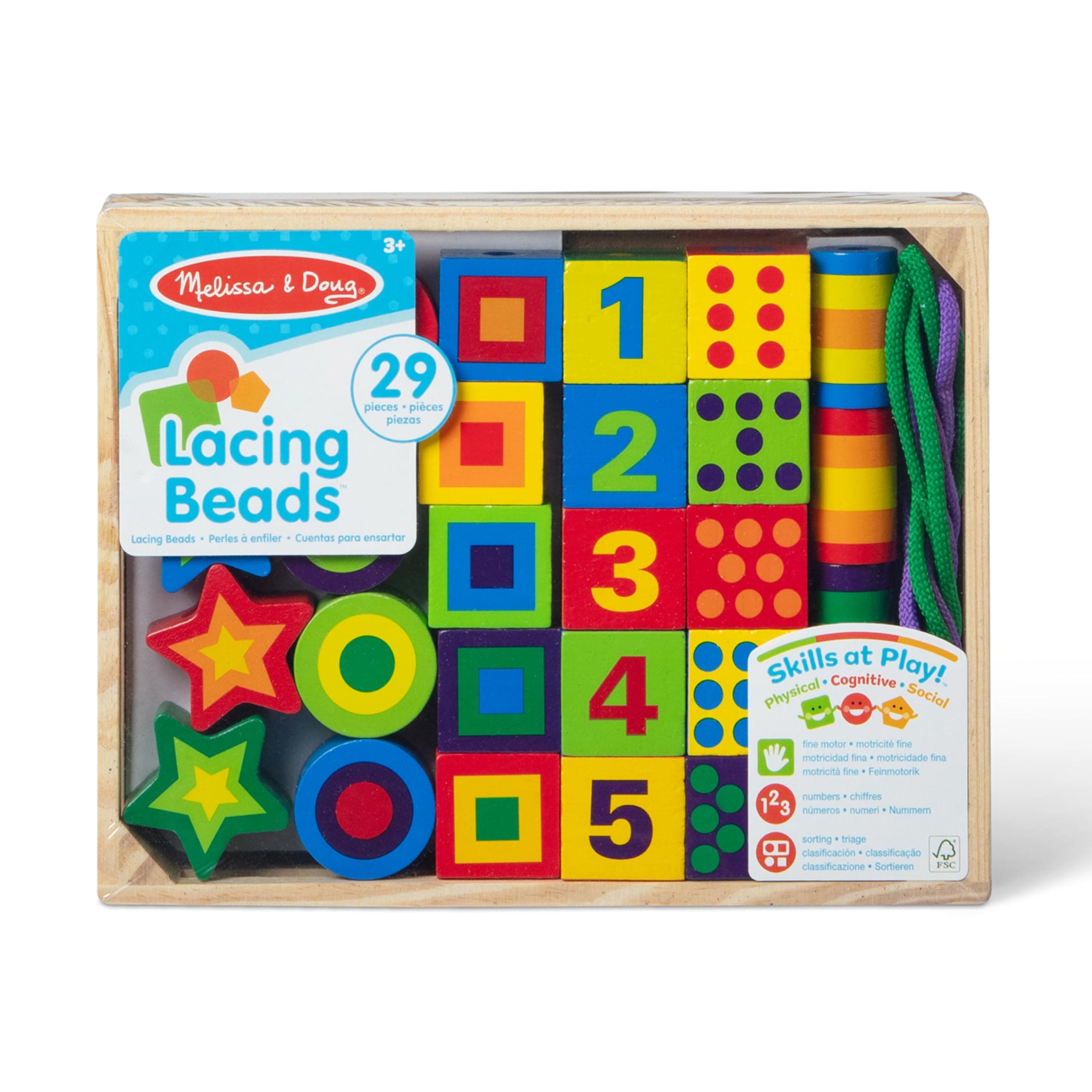 Deluxe Wooden Lacing Beads - Educational Activity with 27 Beads and 2 Laces