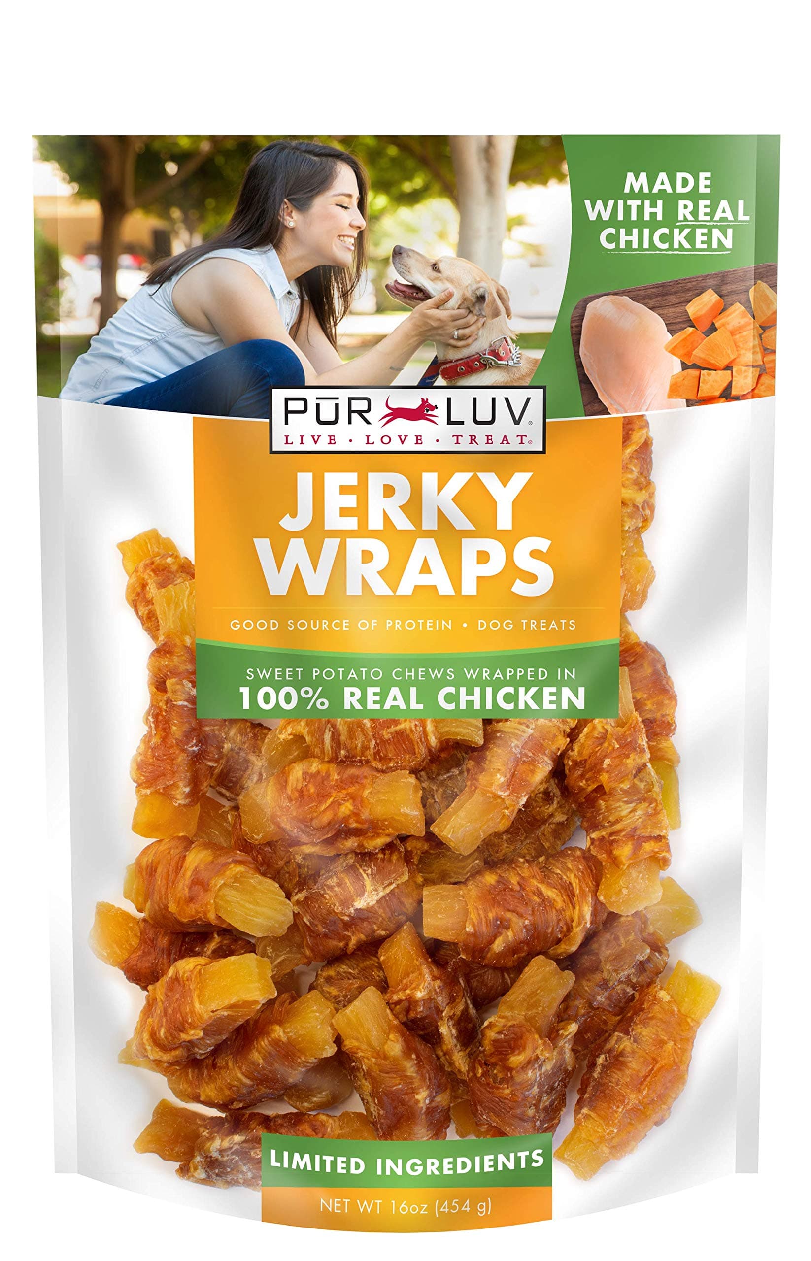 Pur Luv Chicken Wrapped Sweet Potato Dog Treats, Rawhide Free Jerky Wraps, Made with Real Chicken, 16 Oz, Healthy, Easily Digestible, Long Lasting, High Protein Treat, Satisfies Dog's Urge to Chew