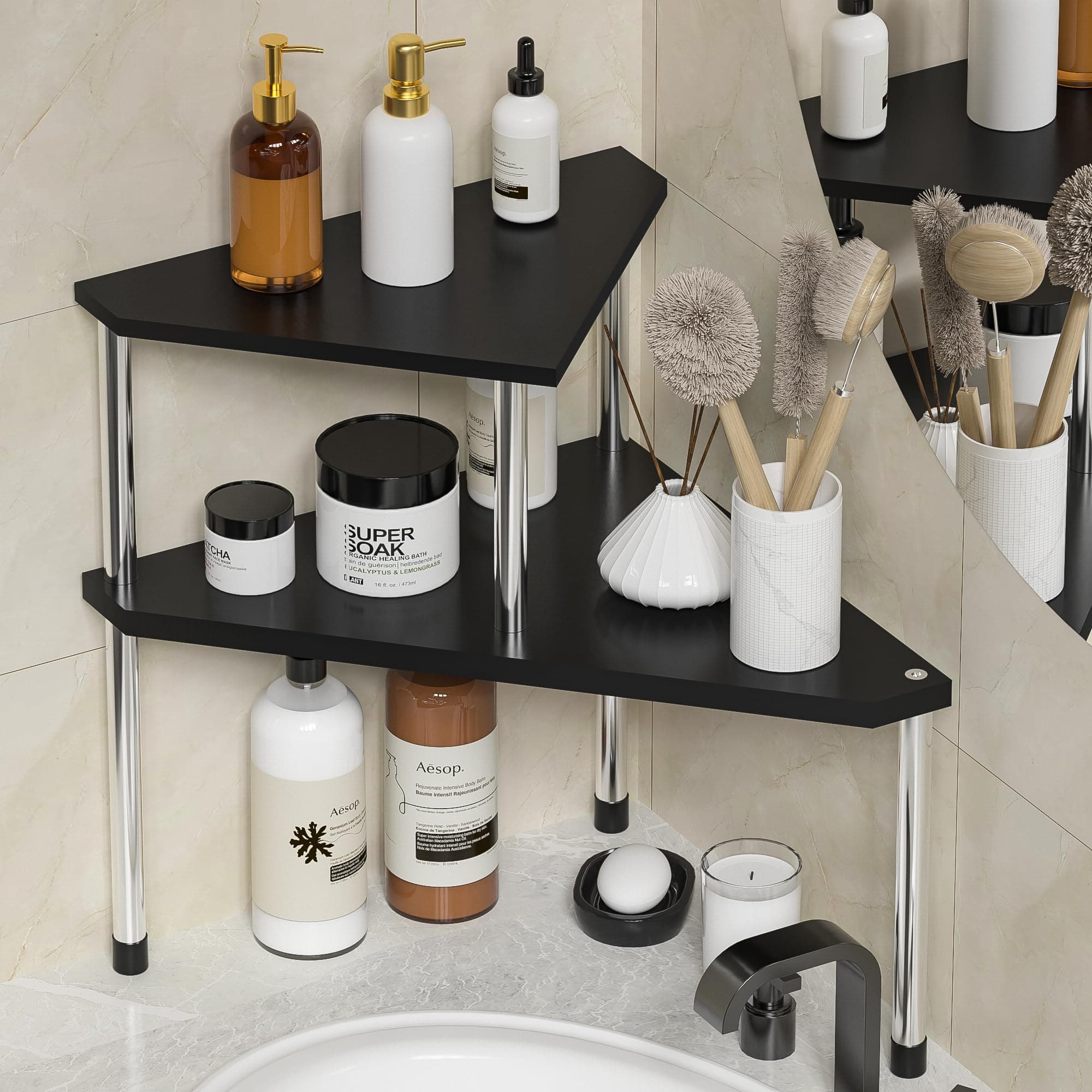 Bathroom Counter Organizer Over Sink for Toiletries, Makeup, Kitchen Countertop Organizer Spice Rack for Salt, 2-Tier Corner Counter Shelf for Coffee Area Storage Dresser Table(Black)
