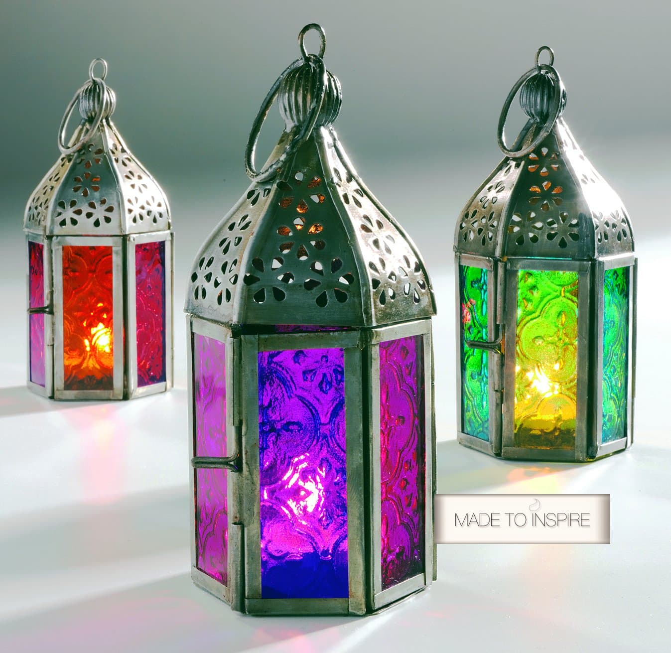 Set of 3 Moroccan Tonal Glass Tea Light Lanterns
