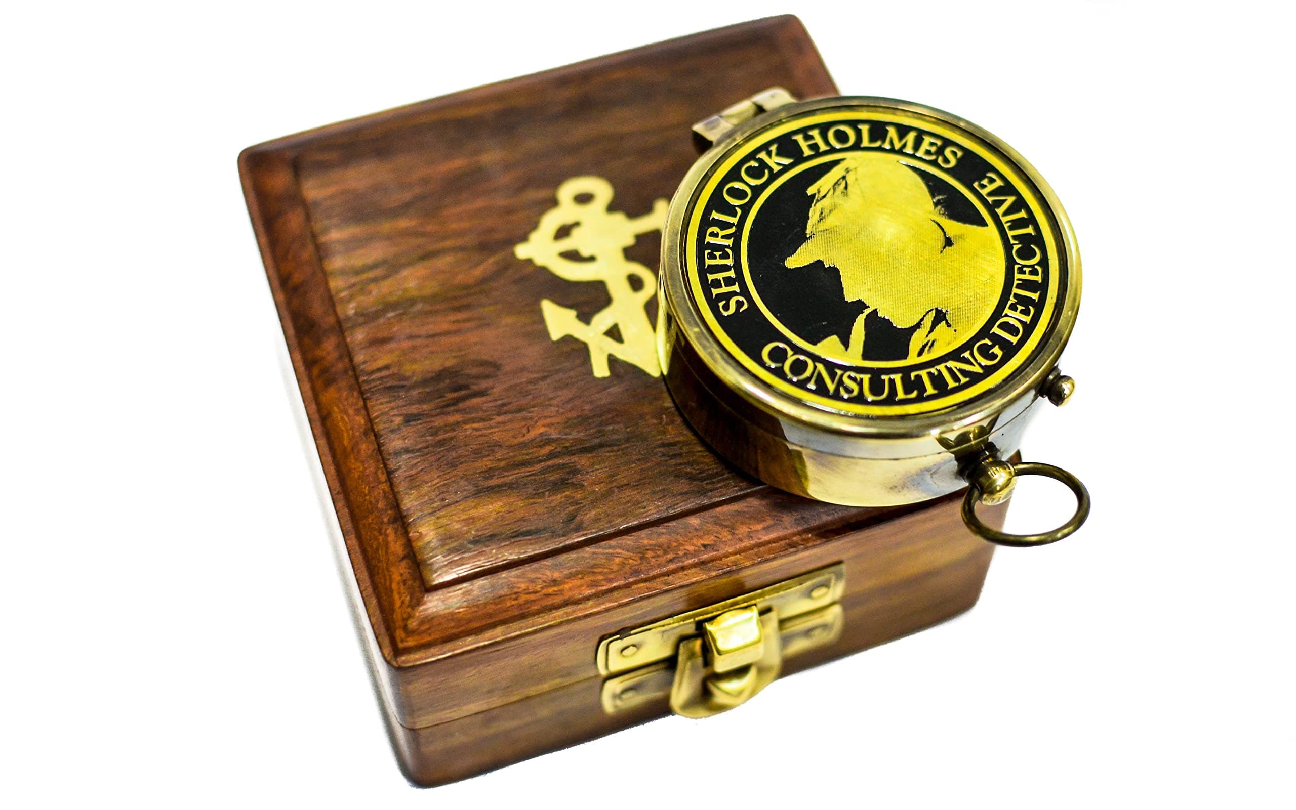 World Of Vintage Antique Brass Pocket Compass with Wooden Box