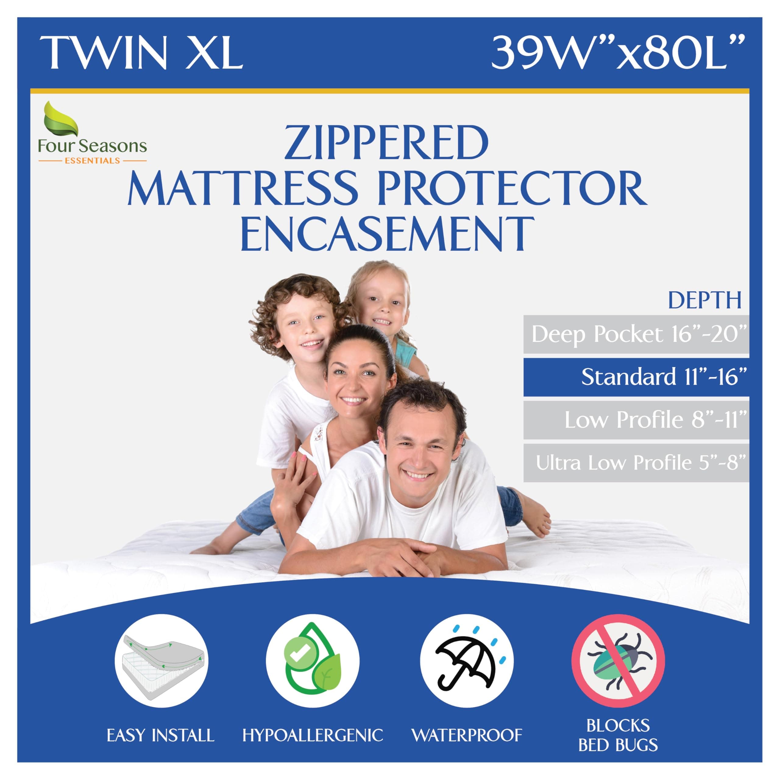 Four Seasons Essentials Twin Extra Long (XL) Mattress Protector Zippered Bed Bug Waterproof Encasement Hypoallergenic Premium Quality Cover Protects Against Dust Allergies