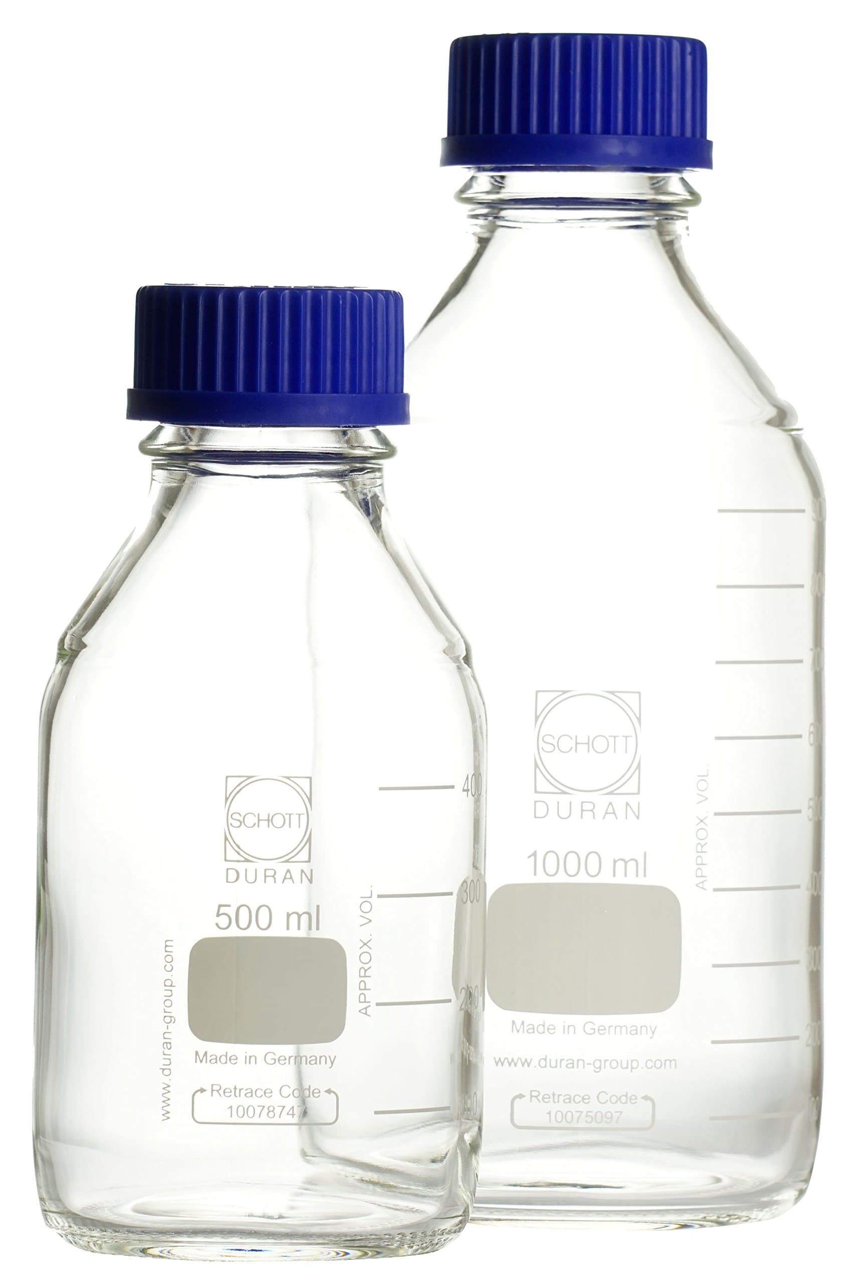 Laboratory bottles 1000ml GL45, white graduated with screw cas and pouring ring made of Polypropylene (PP), made of DURAN tubing, complete packaging unit