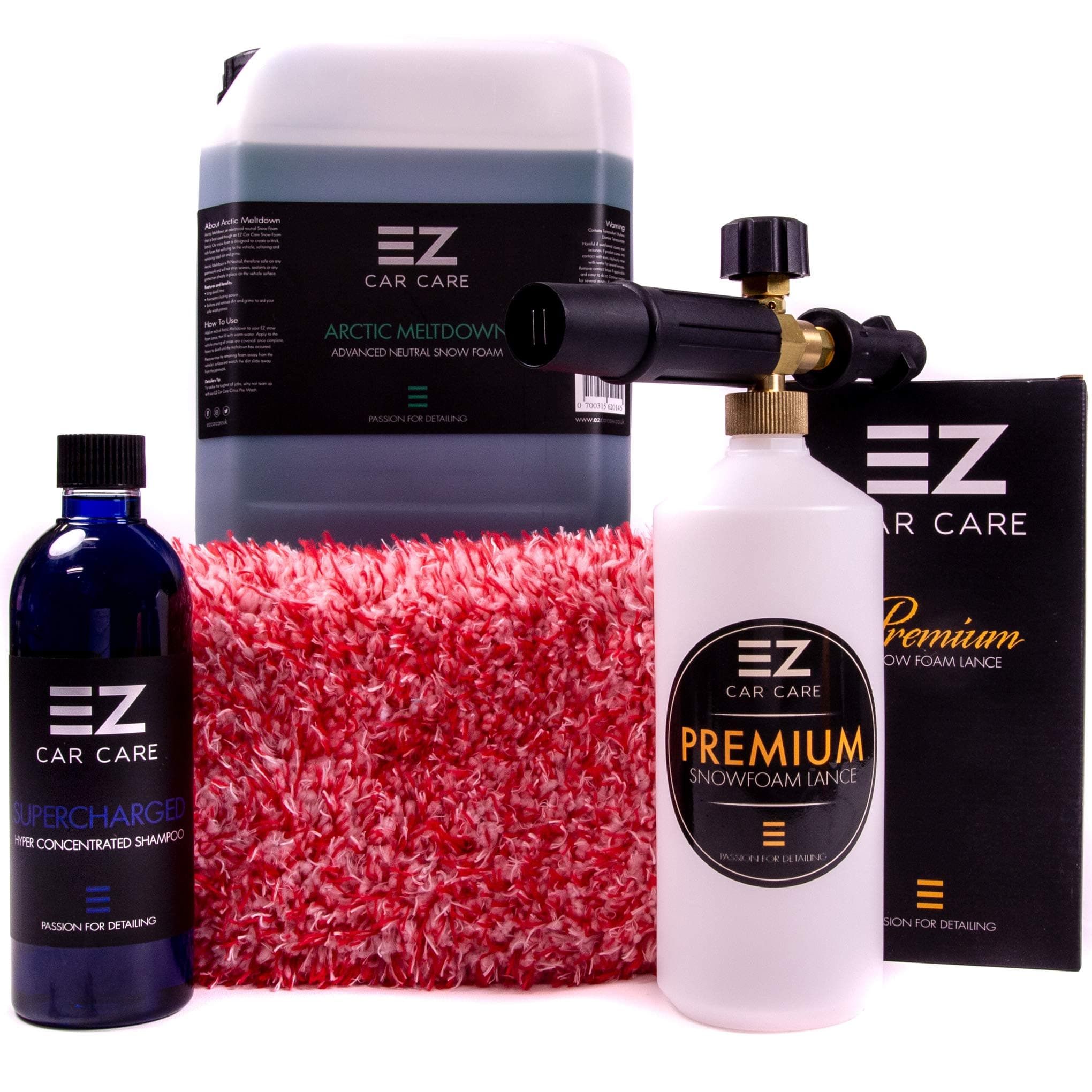 EZ Car Care Snow Foam Lance Gun Kit + 5L Arctic Meltdown Snow Foam With SuperCharged Shampoo and Microfibre Wash Pad (Karcher HDS)