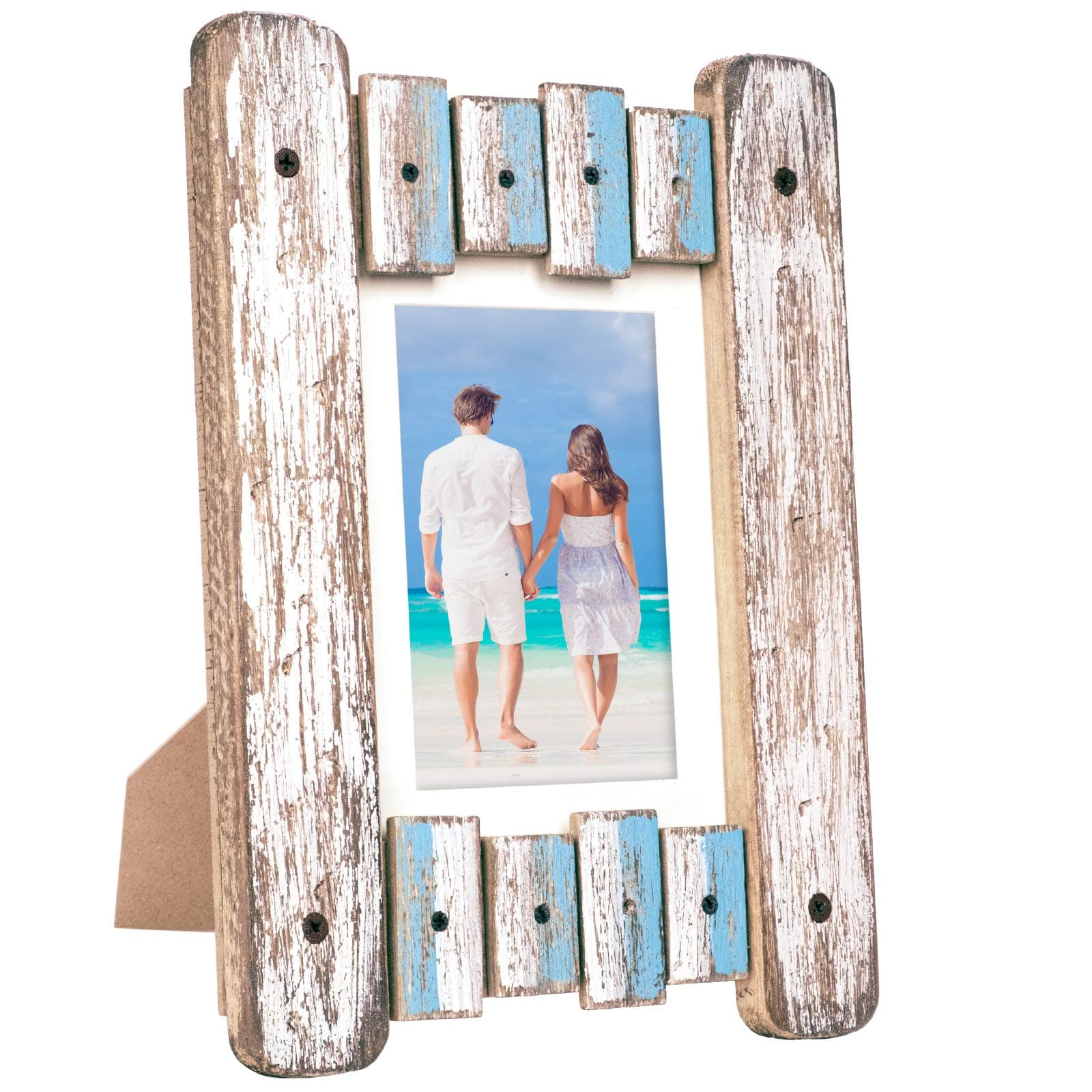 Rustic Wooden Home Decor Picture Frame, 8.25x11.5 in fits Pictures 5x7 and 4x6 with Matte - Includes Self Standing Easel and Brackets for Wall Hanging - Blue White