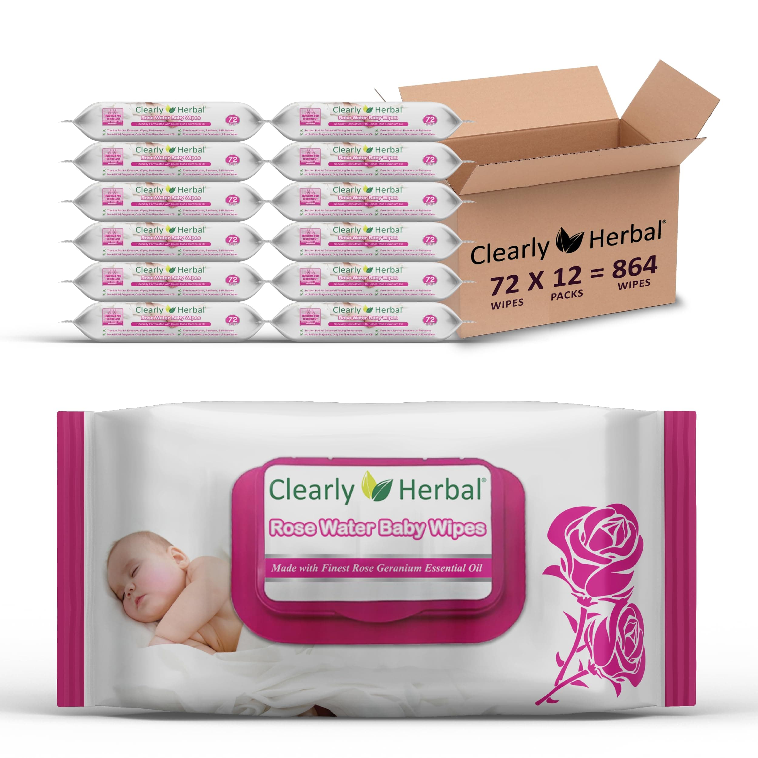 Clearly HerbalGentle Baby Wipes - Case of 12 - 72 Wipes Each - 864 Total Wipes