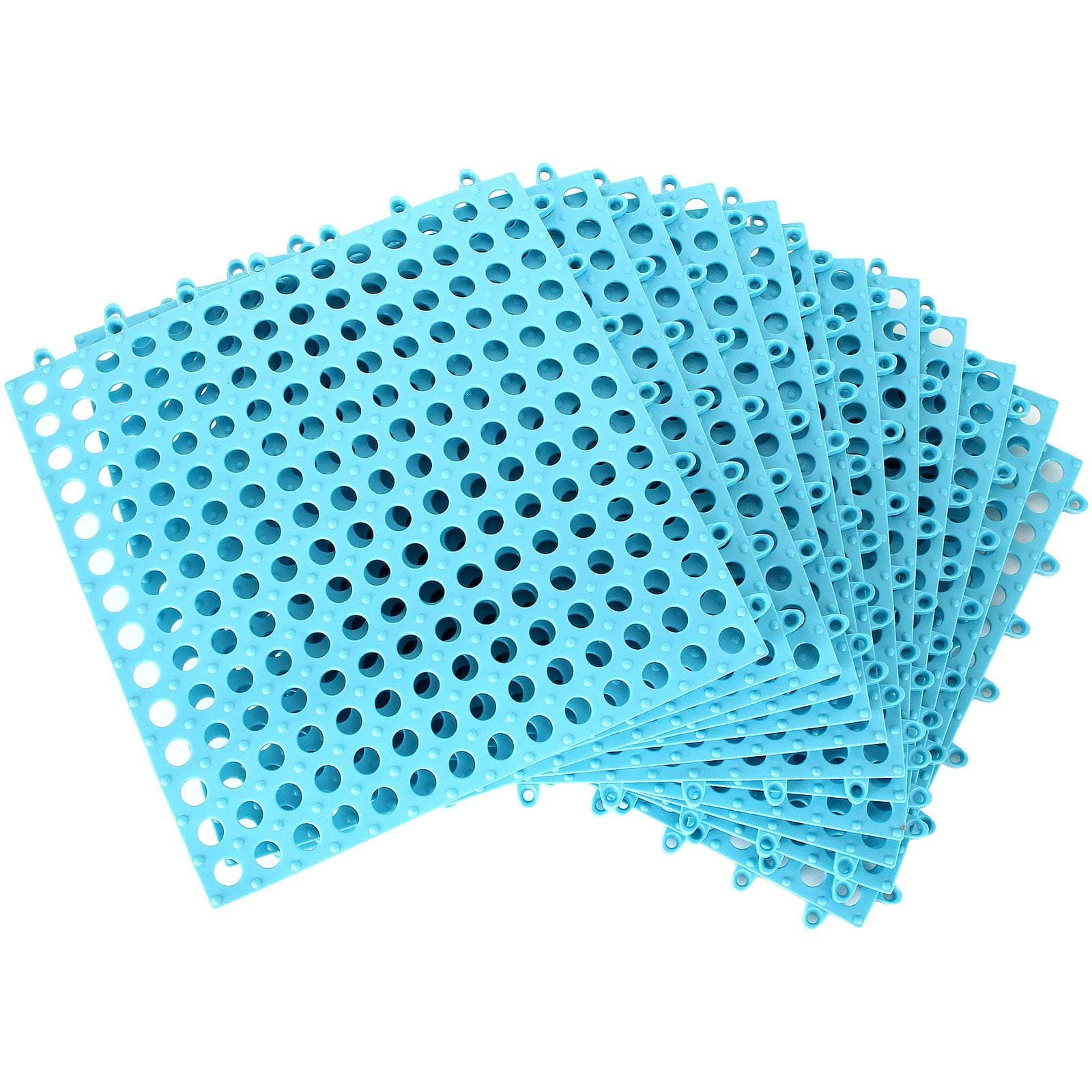 12 Pack 11.8" x 11.8" Interlocking Floor Tiles with Drain Holes Soft PVC Non Slip Shower Floor Mat Modular Interlocking Cushion Mat for Drain, Pool, Patio, Balcony, Kennel, Poultry, Floor Grid, Blue