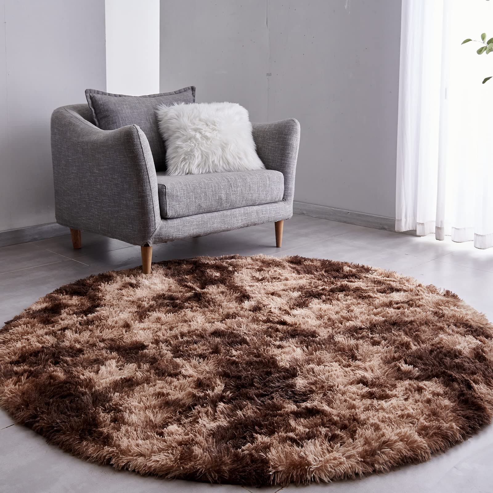 FJZFING Tie-Dyed Coffee Round Rug Ultra-Soft Plush Modern 4x4 Circle Area Rug for Kid's Bedroom, Fluffy Shag Circular Rug for Nursery Room, Non-Slip Home Decor Carpet for Teen's Room