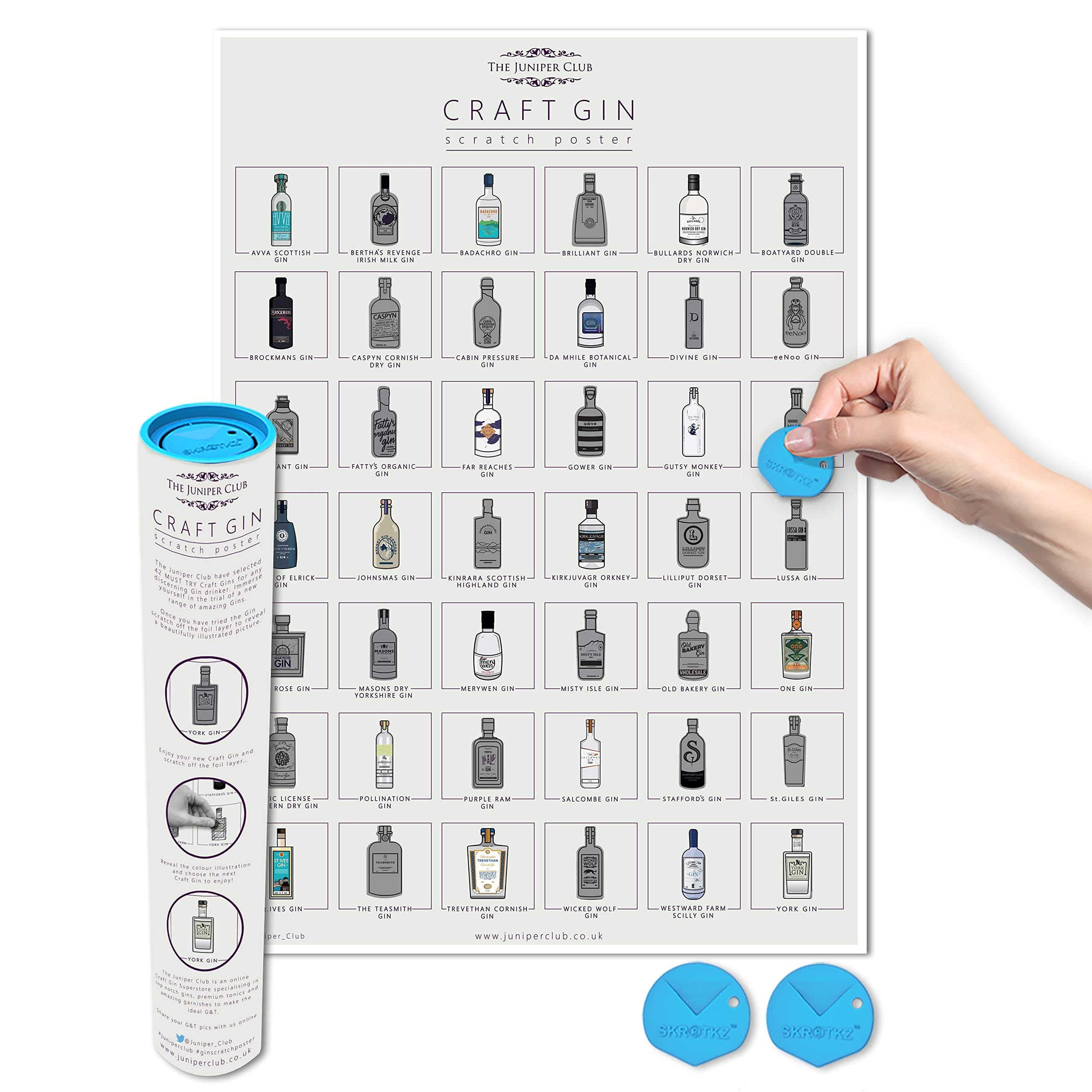 Favourite Gin Scratch Poster - Scratch Off Gin Tasting Poster - Gin Bucket List Poster - Includes 2 Pop Out and Clip on Scratch Tools
