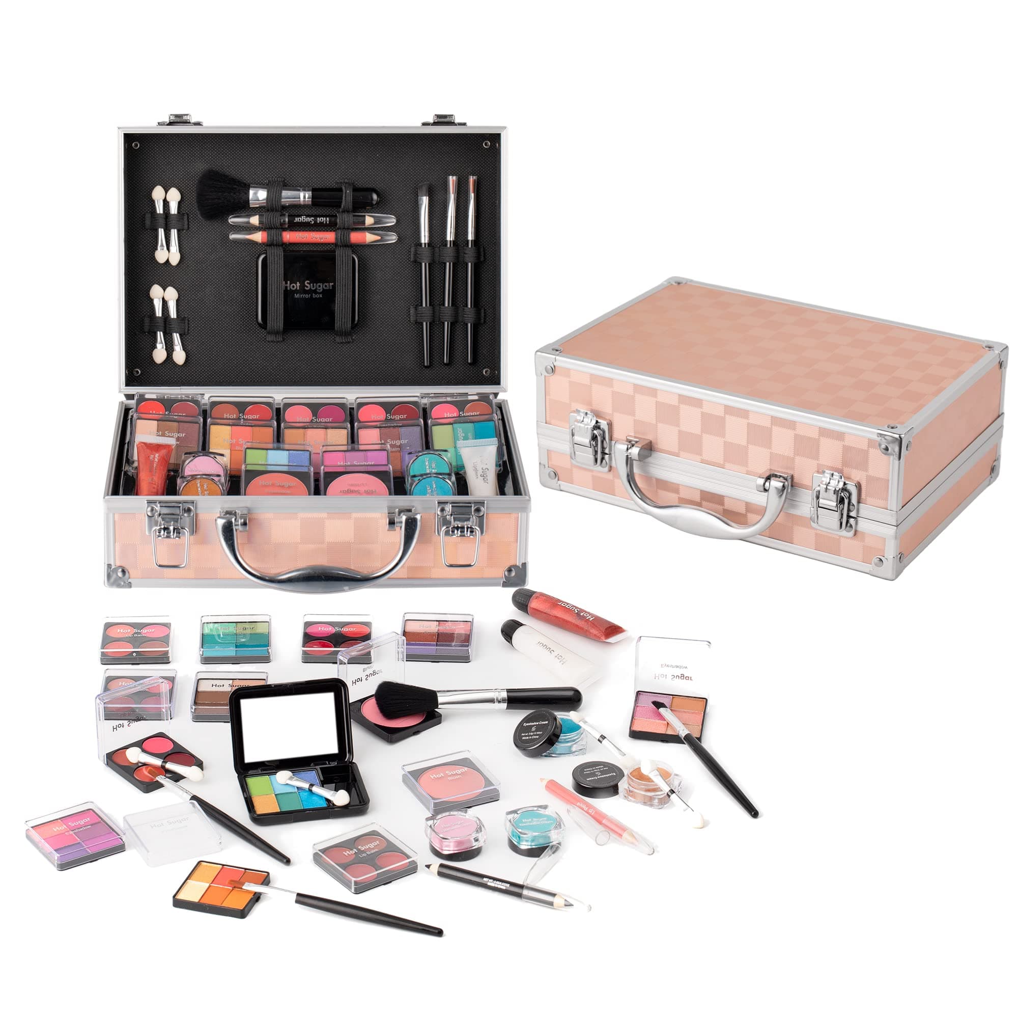 Makeup Kit for Teenager Girls - Full Starter Cosmetics Set with Eye Shadow Lip Balm Blush Lip Gloss Brush Lip Pencil Eye Pencil and Mirror (Gold Check)