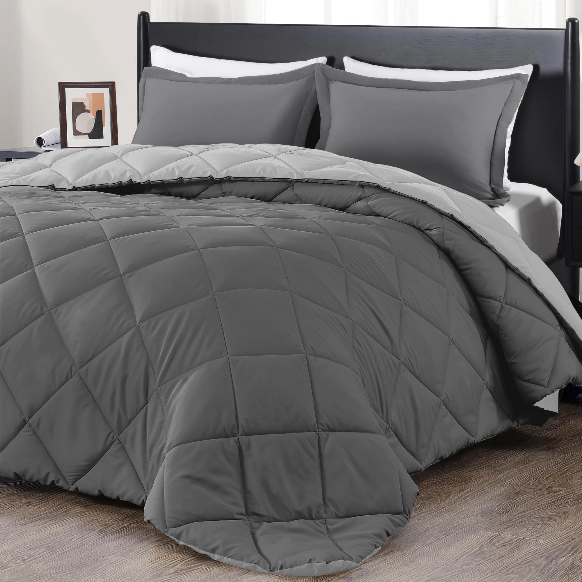 downluxe Full Size Comforter Set - Charcoal and Grey Full Comforter - Soft Bedding Sets for All Seasons -3- Piece Comforter Set Full with 2 Reversible Pillow Shams