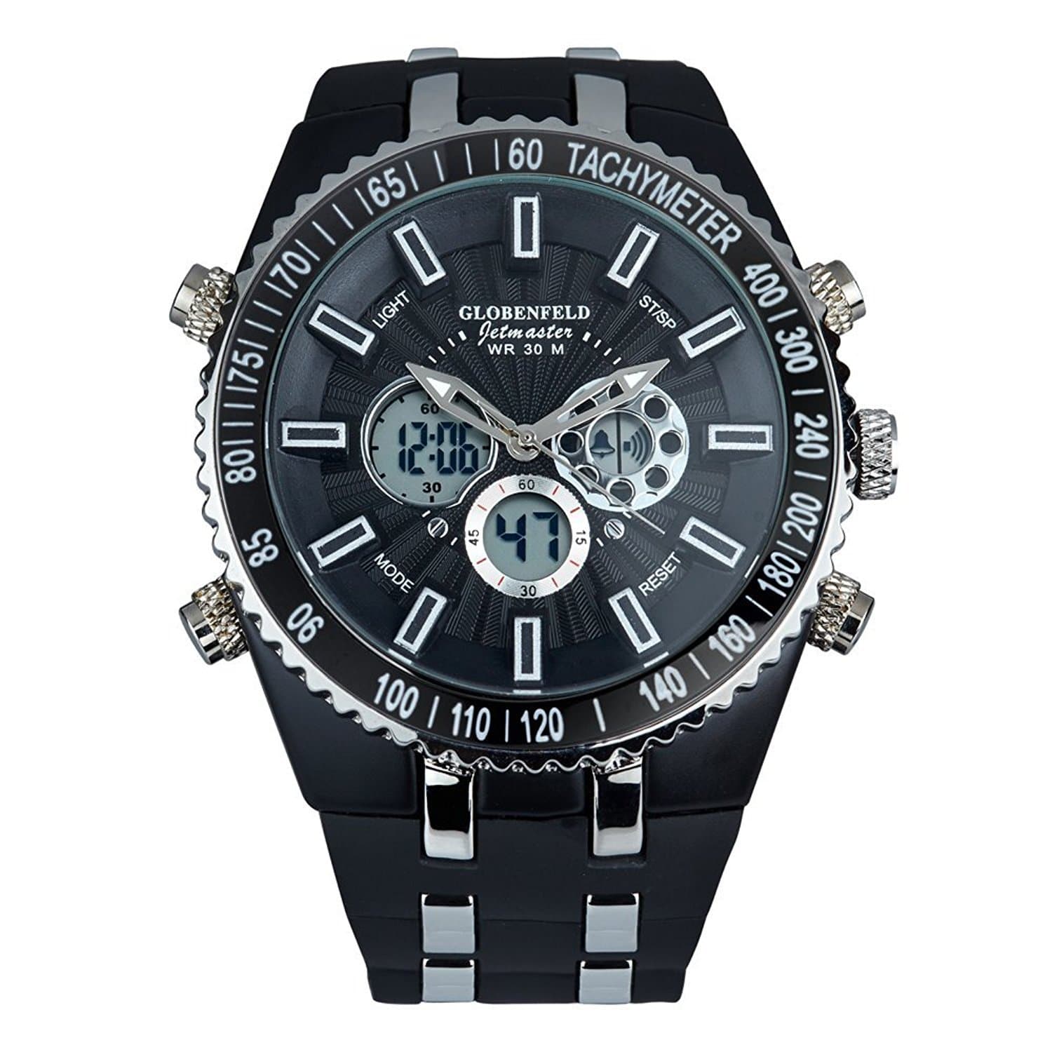Globenfeld Jetmaster Men's Sports Watch - Rugged, Durable Design for the Modern Man with Jet Black Metal Case, Silicone Rubber Wrist Band, and 5 Year Manufacturer's Warranty