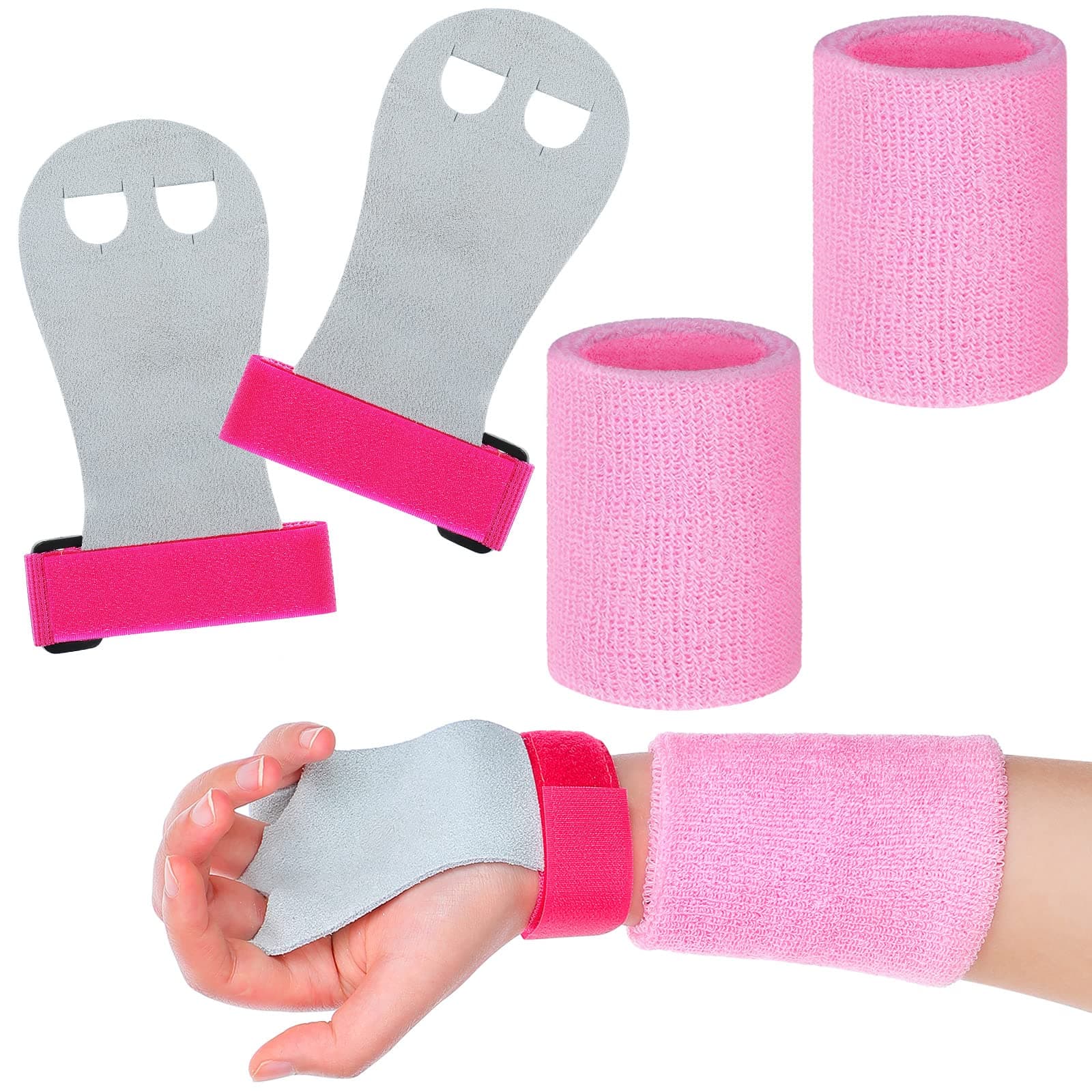 Civaner 4 Pcs Gymnastics Grips Wristbands Sets for Girls Kids Youth Athletic Pink Bar Grips Protection and Wrist Support Sports Accessories for Weightlifting Tennis Workout and Exercise