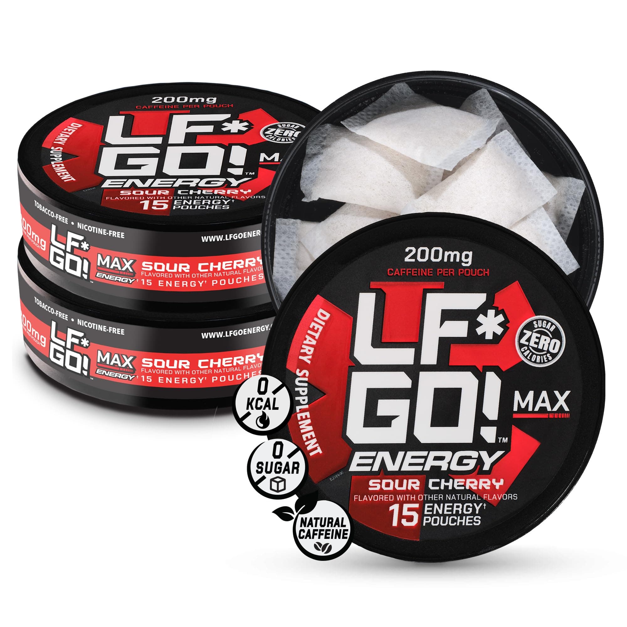 LF*GO! Energy Pouches | Caffeine Pouches | 6 Essential Vitamins and Minerals | Sour Cherry | 200 mg Natural Caffeine | 0 Calories | 0 Sugar | 15 Pouches Per Can | 3 Cans