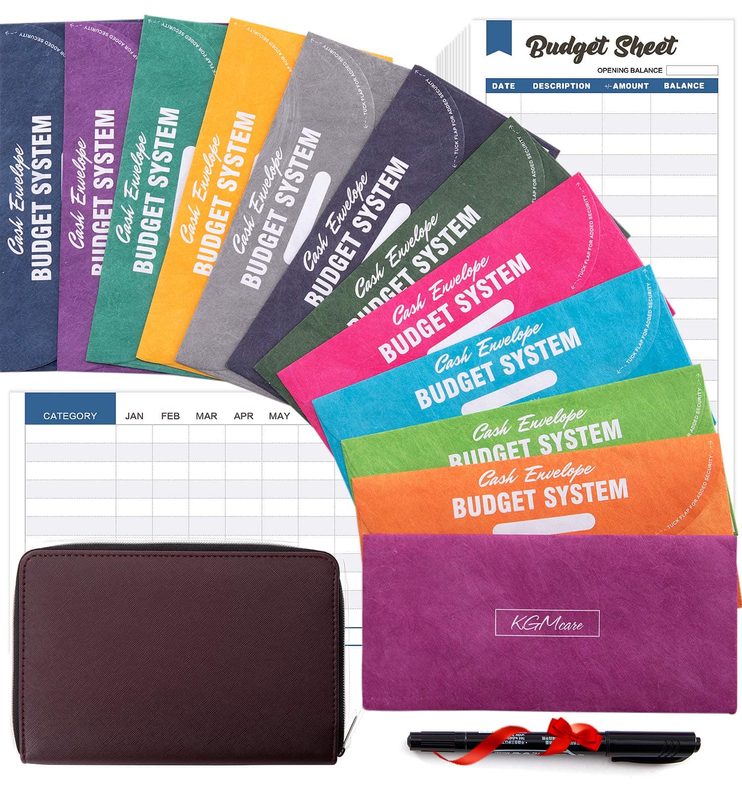 KGMCARE Cash Envelopes for Budgeting 12 Money Budget Envelopes for Cash with 1 Carry Pouch Tear and Water Resistant Reusable Envelopes with 12 Budget Sheets (Brown)