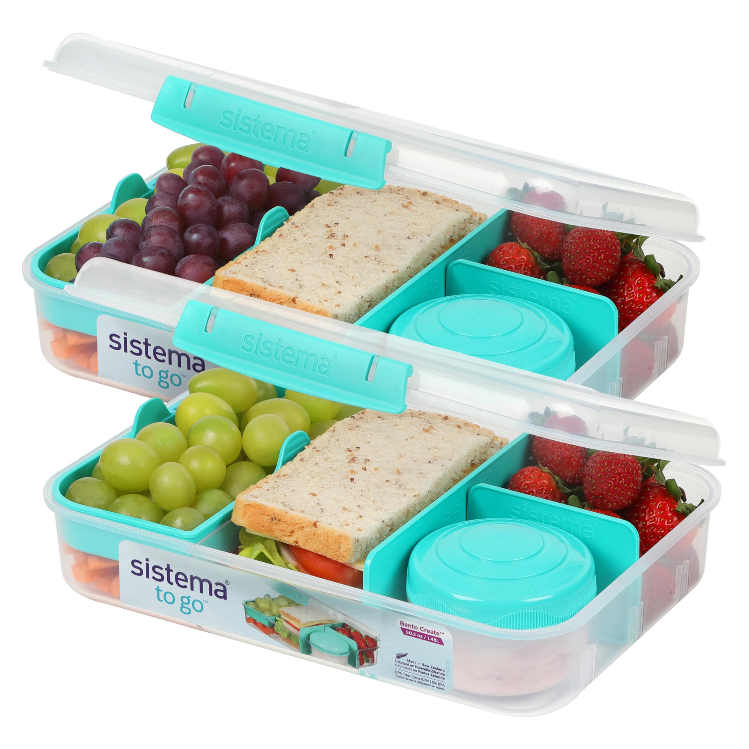 Bento Create To Go™ 6-Cup Food Storage Container Bento Box with Lid and Dividers, 2 pack, Minty Teal