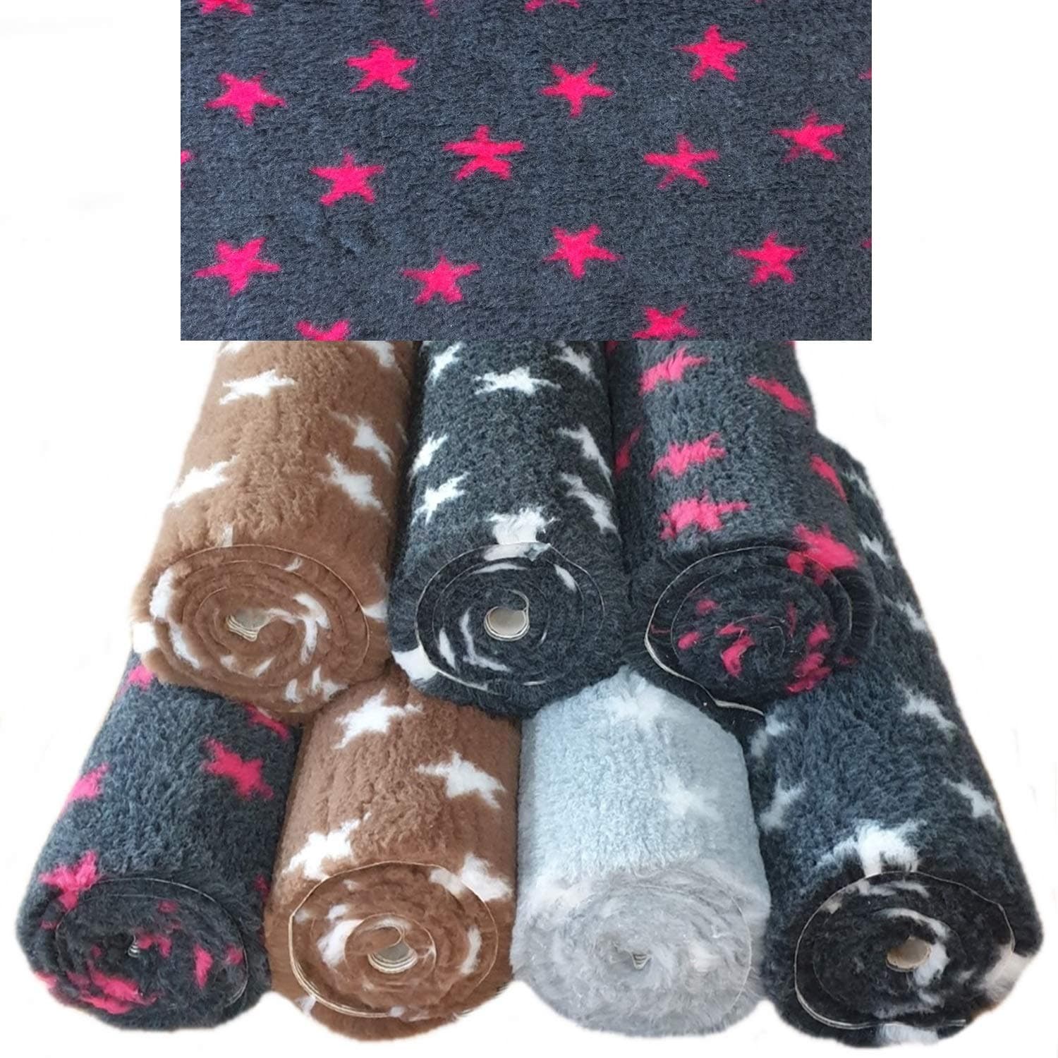 PnH Veterinary Bedding ÂŪ NON SLIP - STARS - DOG BED - WHELPING FLEECE - Stars Design Rubber Backed Vet Bed Roll Or Pieces - Choice Of Sizes And Colours (75cm x 50cm, Charcoal with Pink Stars)
